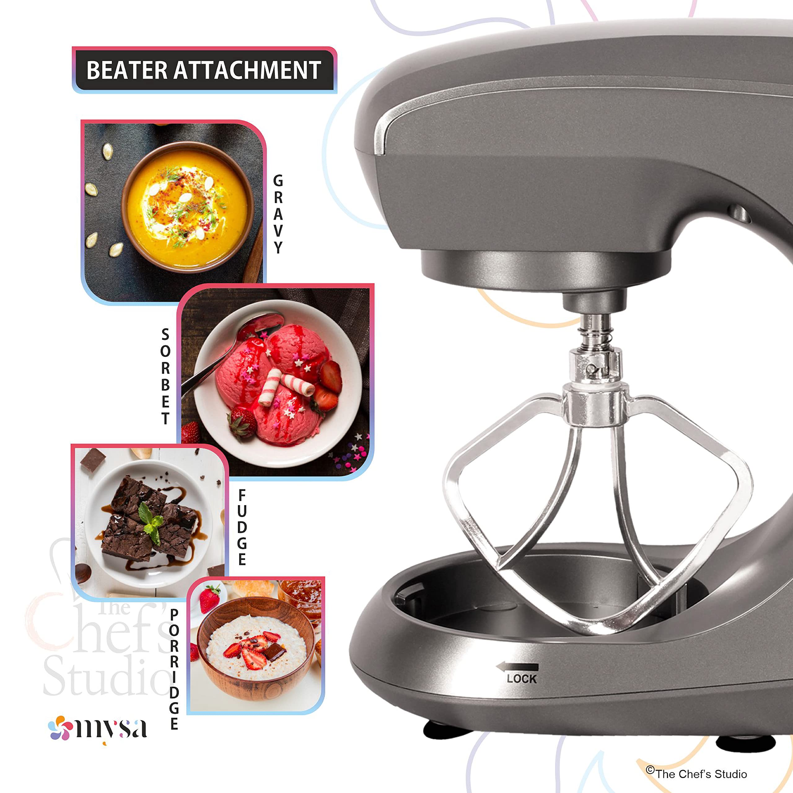MYSA SM-1502 Stand Mixer 800 W Planetary Drive Food Mixer Tilt Head 5.5 Ltrs SS Bowl with 6 Speed for Baking and Cooking, Stainless Steel Bowl, Dough Hook, Wire Whisk and Beater, Grey 3