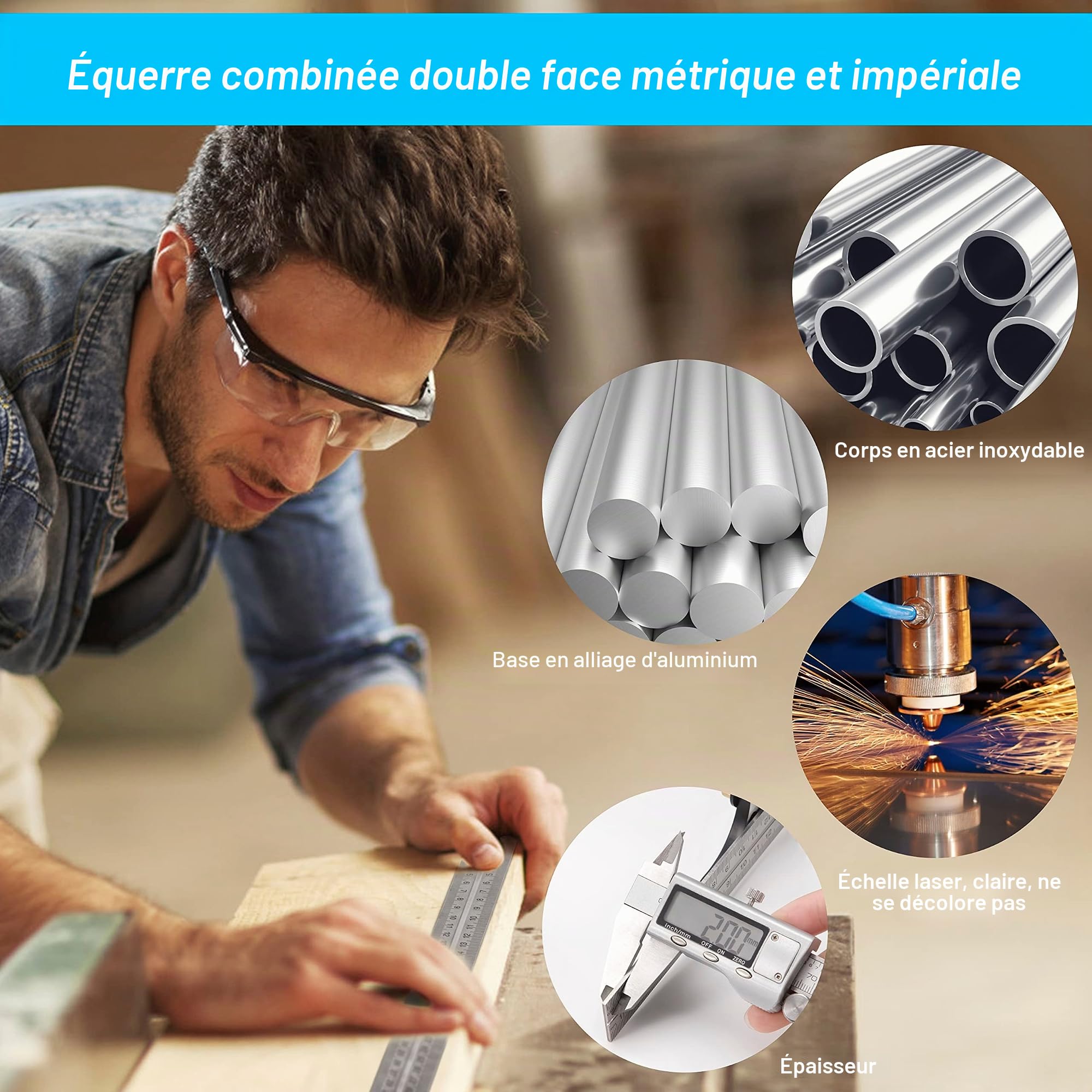 Équerre Combinée en Métal Règle de Menuiserie Multifonction Règle d'angle de Combinaison avec Rapporteur d'Angle à Niveau à Nulle Tête Droite 300 mm