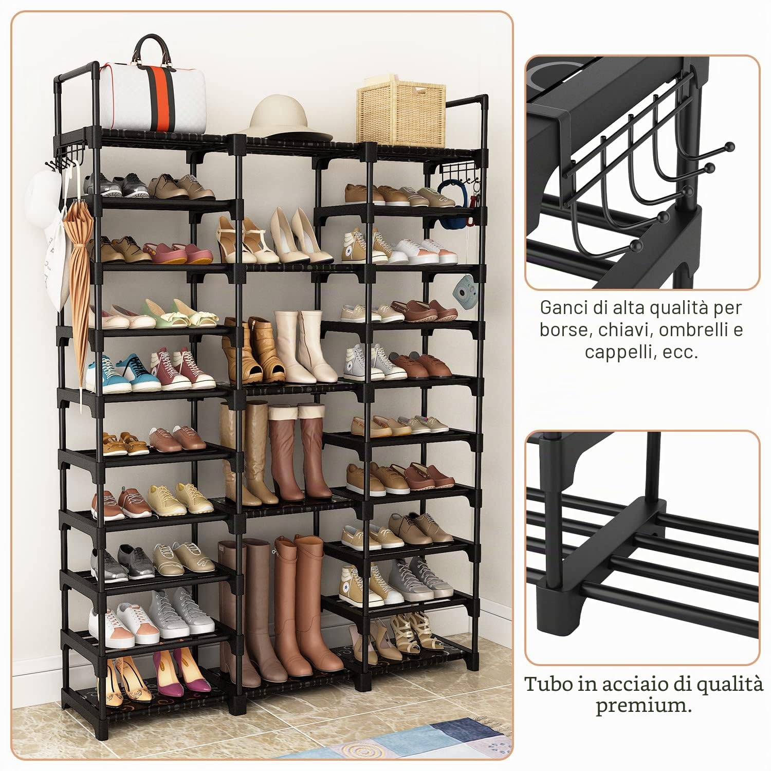 Vicye Scarpiera a 10 Livelli in Metallo, 54-62 Paia di Scarpe, A Risparmio di Spazio, Con Ganci per Ingresso Soggiorno Camera da Letto