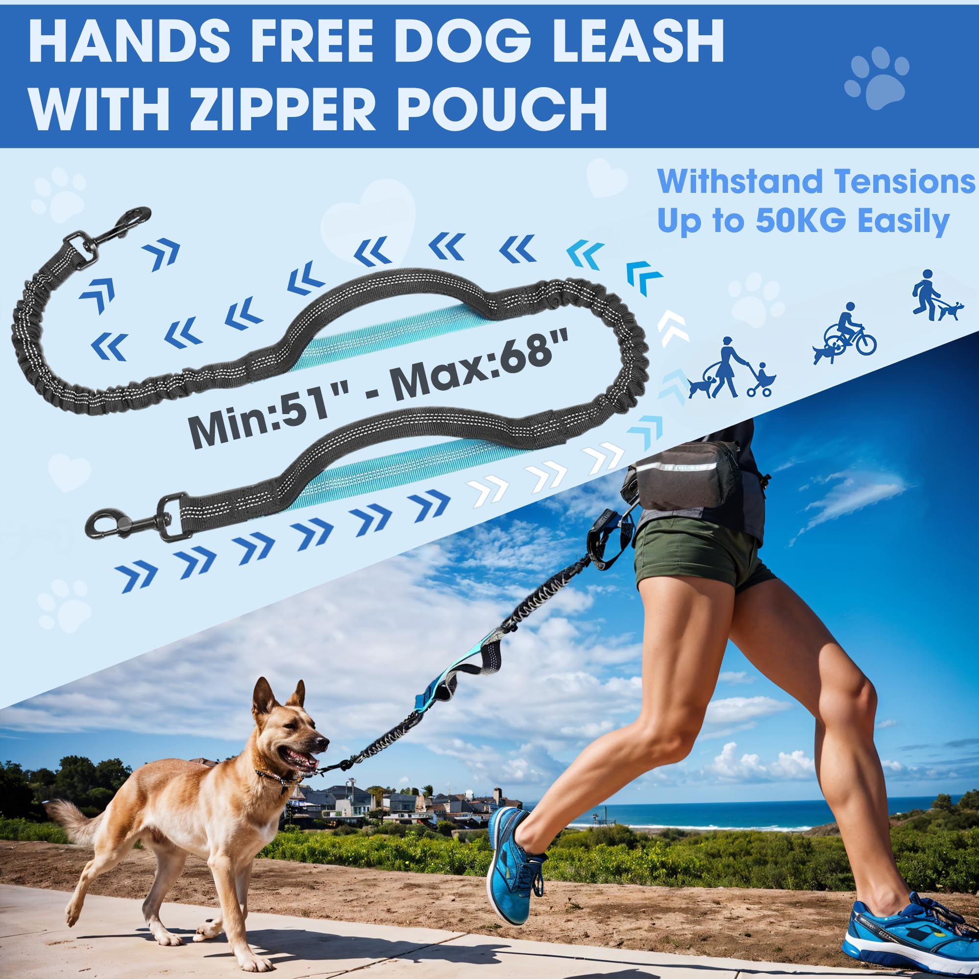 Hands Free Dog Leash with Waist Belt – No-Pull Bungee, Dual Padded Handles & Zipper Pouch for Running, Walking & Training – Adjustable Waist Leash for Large & Medium Dogs (Black) - image 7