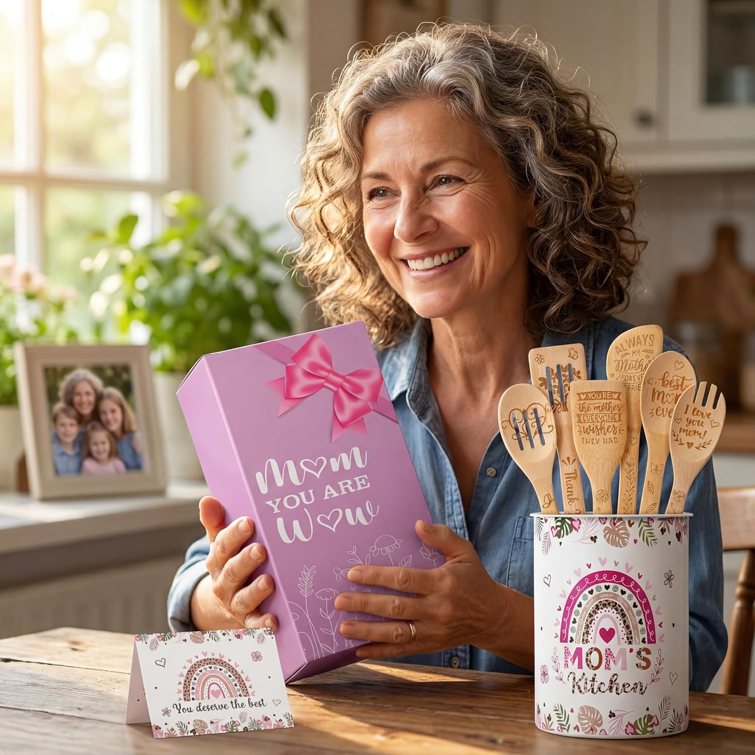 Reallnaive 9 Pieces Christmas Mom Utensil Holder Gifts Wooden Cooking Spoons Greeting Card Gift Box Boho Stainless Steel Utensil Holder for Mom Birthday Kitchen Gadgets Presents