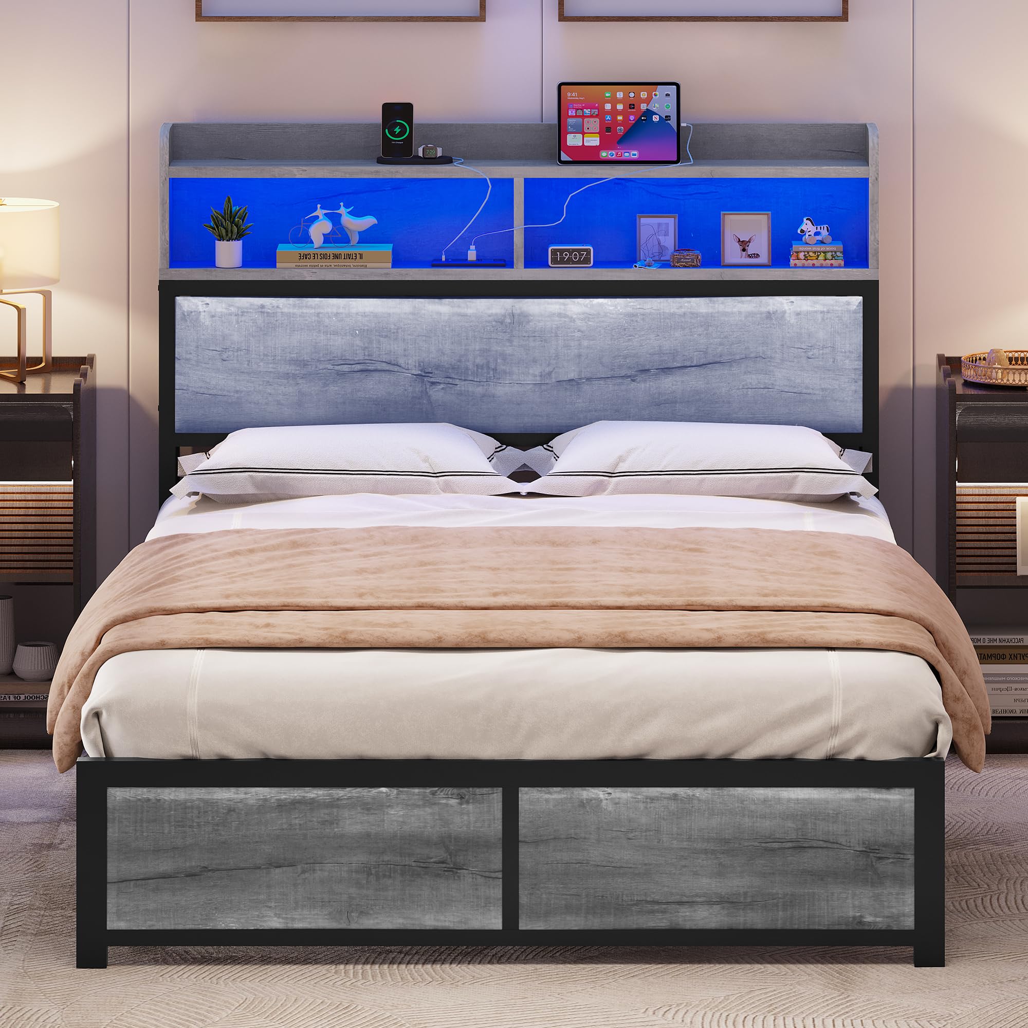 YITAHOME Bed Frame,LED with Headboard,USB Ports & Charging Outlets,Metal Platform Bed Frame with 2 Tiers Storage Shelves, No Box Spring Needed King Size Grey Type