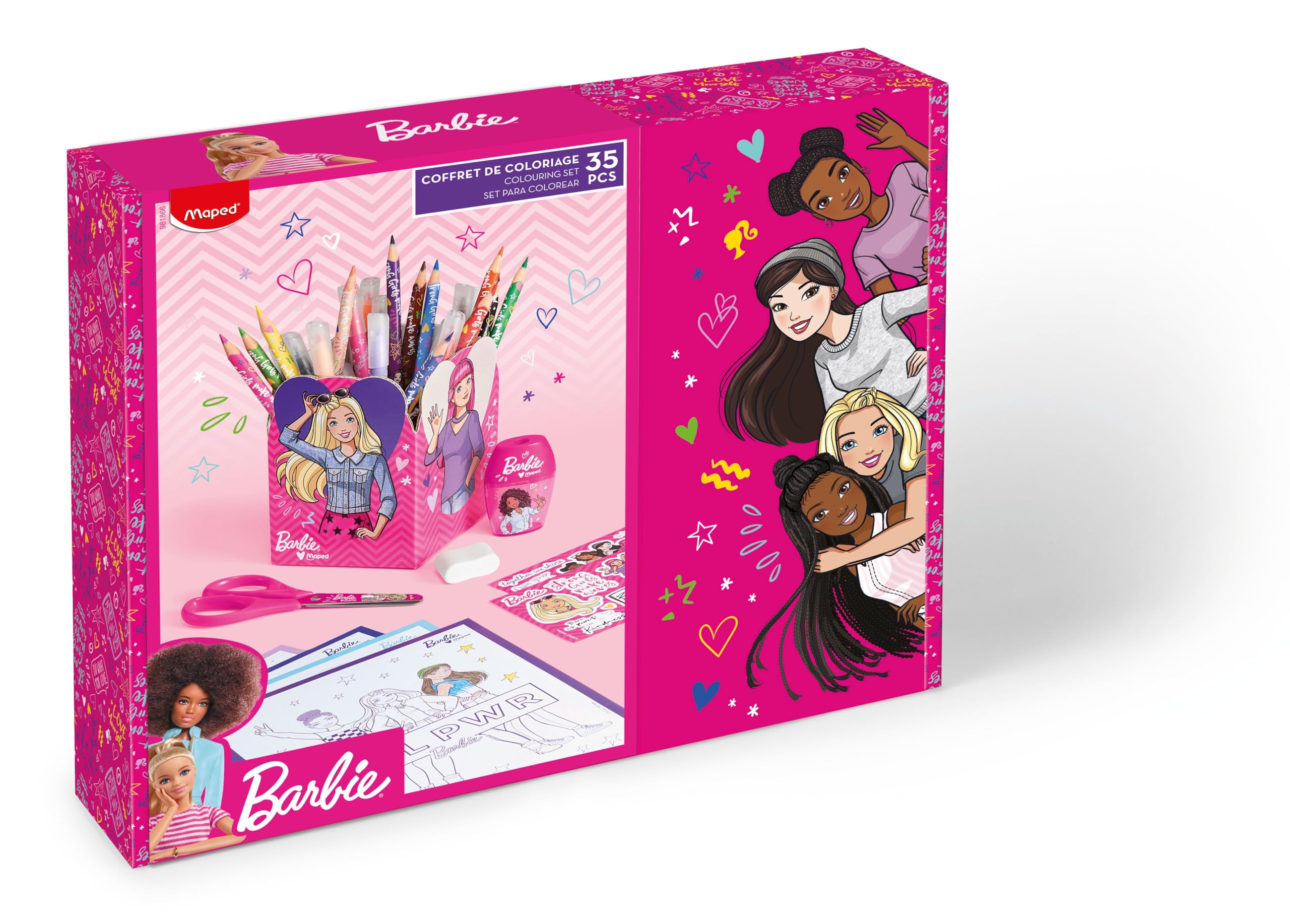 Maped Barbie – Estuche de regalo para colorear – Lápices, rotuladores, tallas, tijeras de 13 cm, goma de borrar, pegatinas, bote de lápices – Licencia oficial Barbie