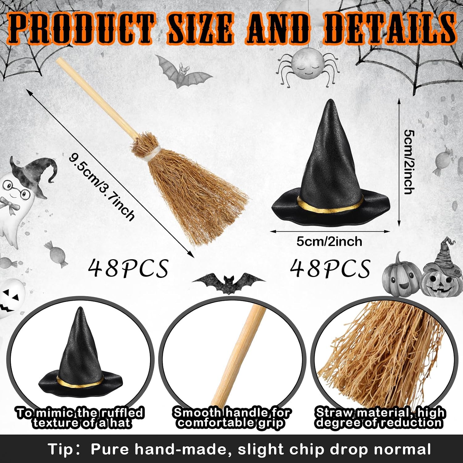 WinnerWhy 96 Pcs Mini Witch Hats and Broom for Crafts Halloween Wizard Accessories for Party Favors Decor (Black,1.97 Inches)