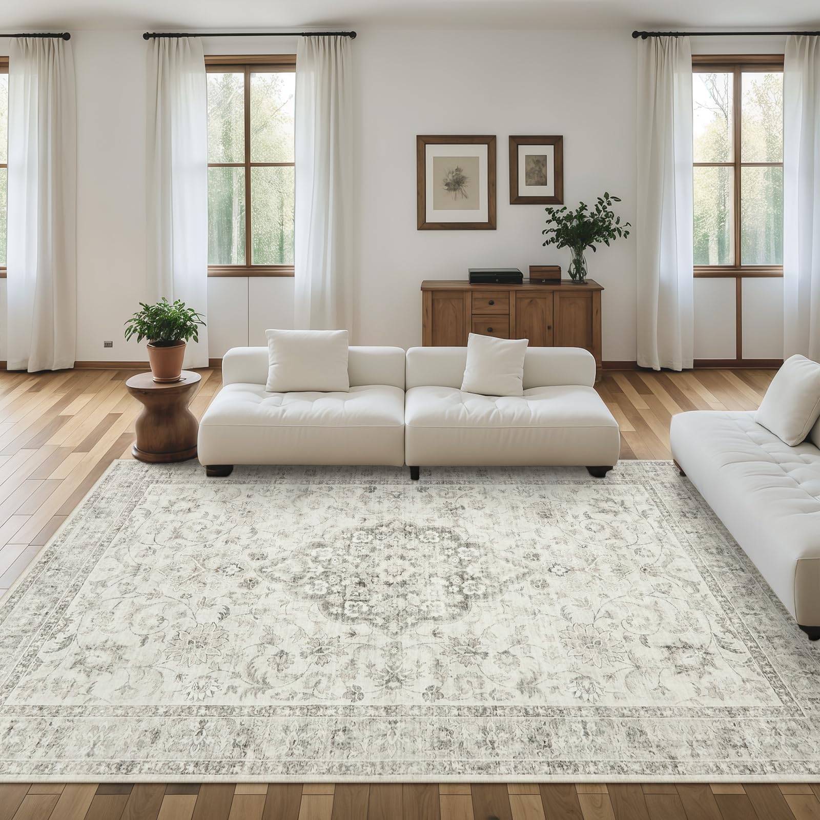 LIVEBOX Area Rugs 9x12 Living Room, Non-Slip Washable Boho Neutral Area Rug Farmhouse Extra Large Rugs for Bedroom, Soft Faux Wool Rug for Dining Room, Low- Pile Vintage Rug Taupe