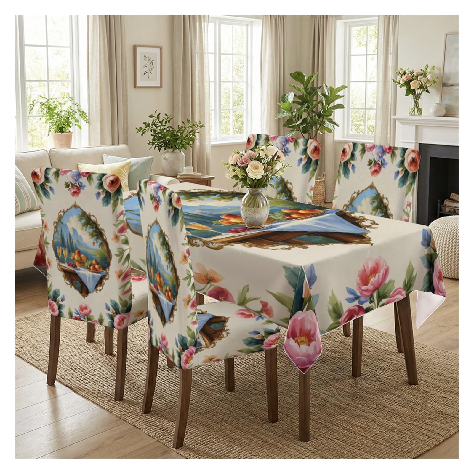 KXUAUV Vintage Landscape Floral Print Stretch Dining Chair Covers & Tablecloth Set, 5/7 Pack Party Decor(5pcs Set: Tablecloth+Chair Covers)