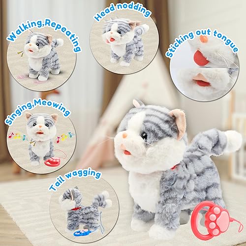 Miniatura 5 de Easfan Gatito que camina de 12 pulgadas, eléctrico, interactivo, musical, juguete de peluche con correa de control remoto, cola maullando, meneando,
