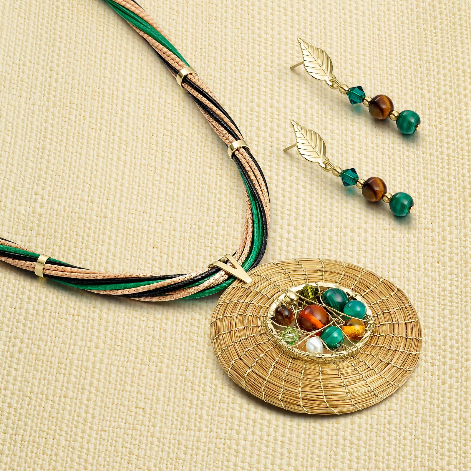 Conjunto Mandala Oro Vegetal 45 mm con Malaquita, Ojo de Tigre y Cristales