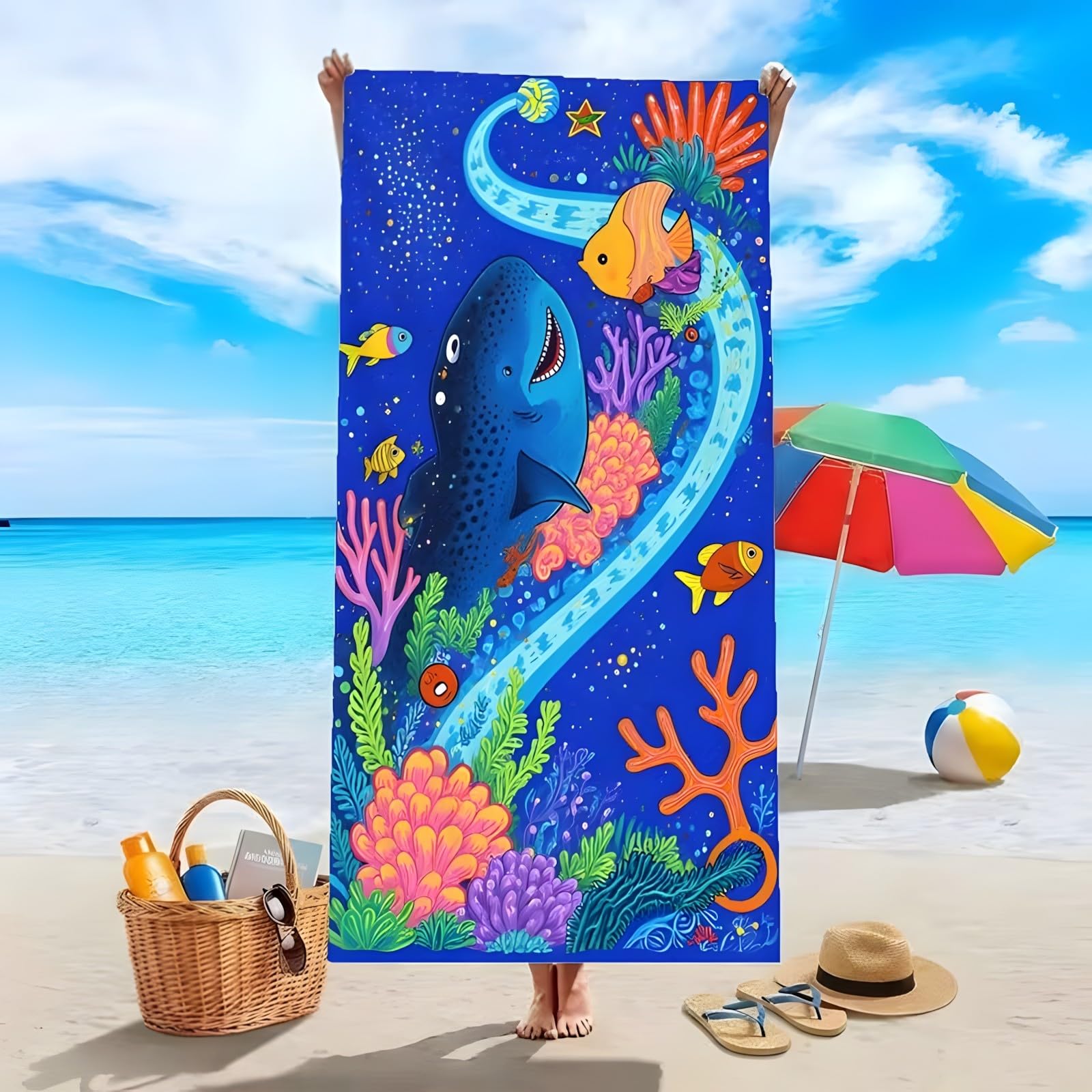 YZQGLHP Cartoon Shark Microfibre Beach Towel Coral Fish Beach Bath Towel Quick Drying, Lightweight, Sand-Free, Durable, for Pool, Gym, Camping, Travel Towel 80x180cm