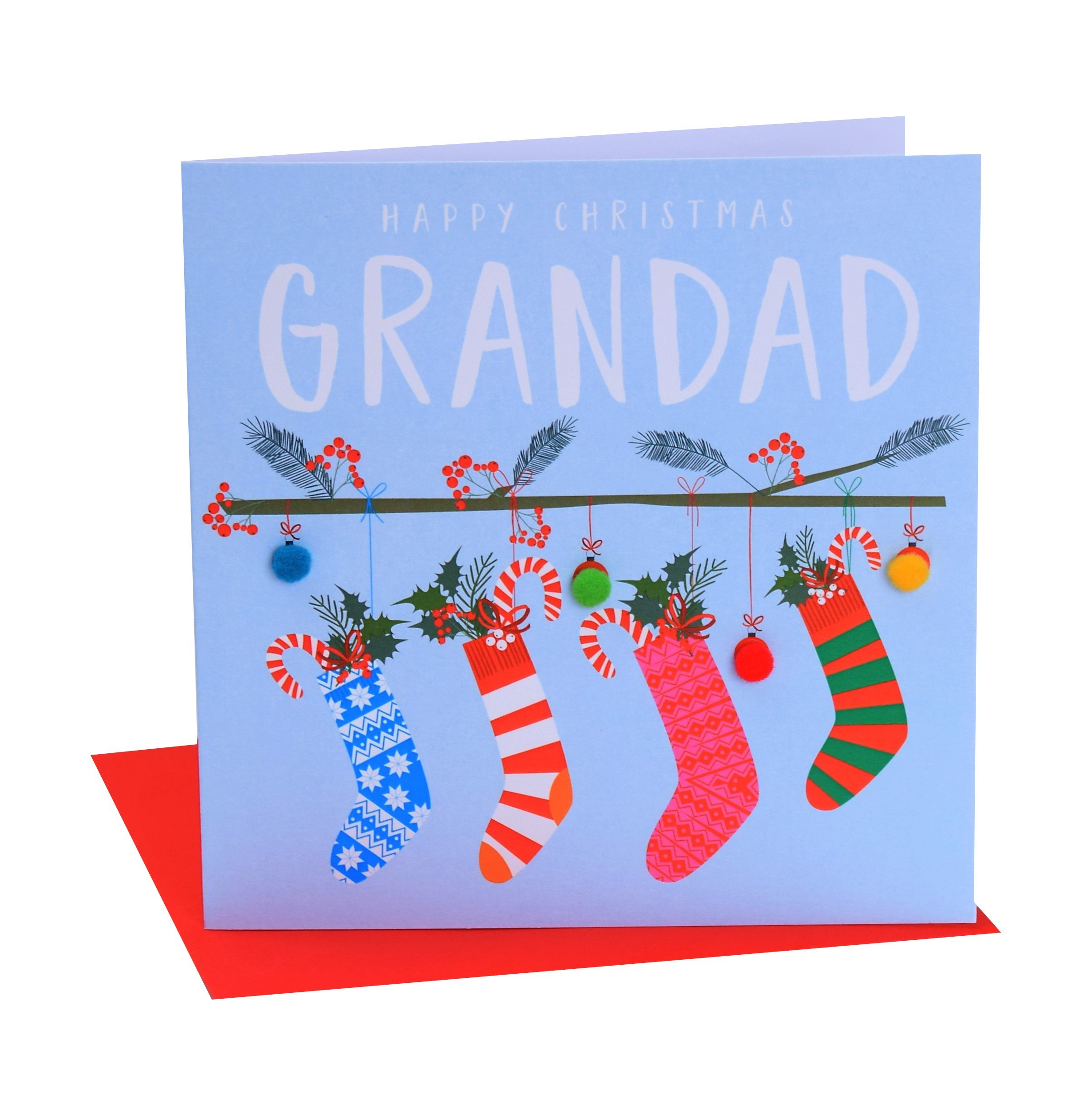 Claire Giles Greeting Cards, Happy Christmas Grandad Card, Four Christmas Stockings Design Xmas Greeting Card, Embellished with Colourful Pompoms