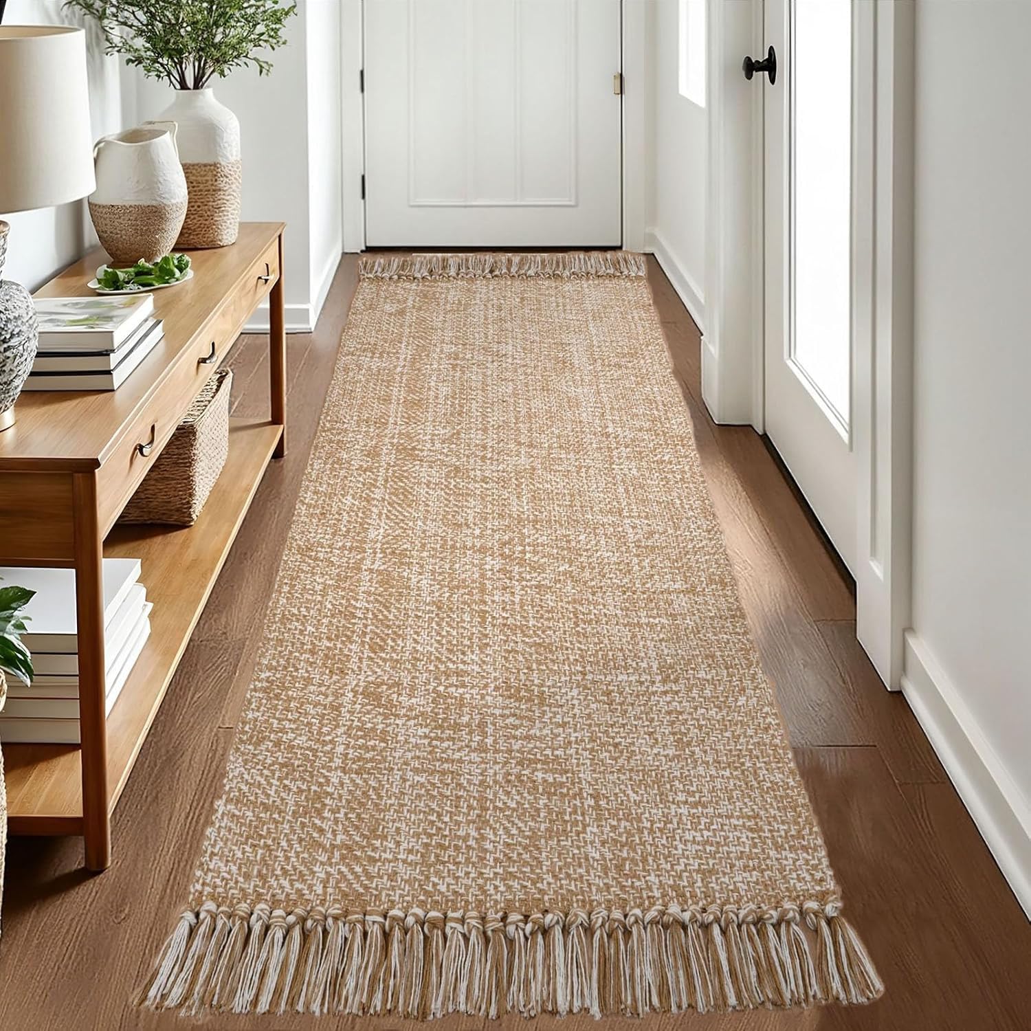ZZBEARRQI 60x180cm Carpet Runners for Hallways, Hand-Woven Reversible Washable Rugs, Tan Cotton Modern Farmhouse Bathroom Mat Hallway Carpets for Hallway Kitchen Entryway Laundry Decor