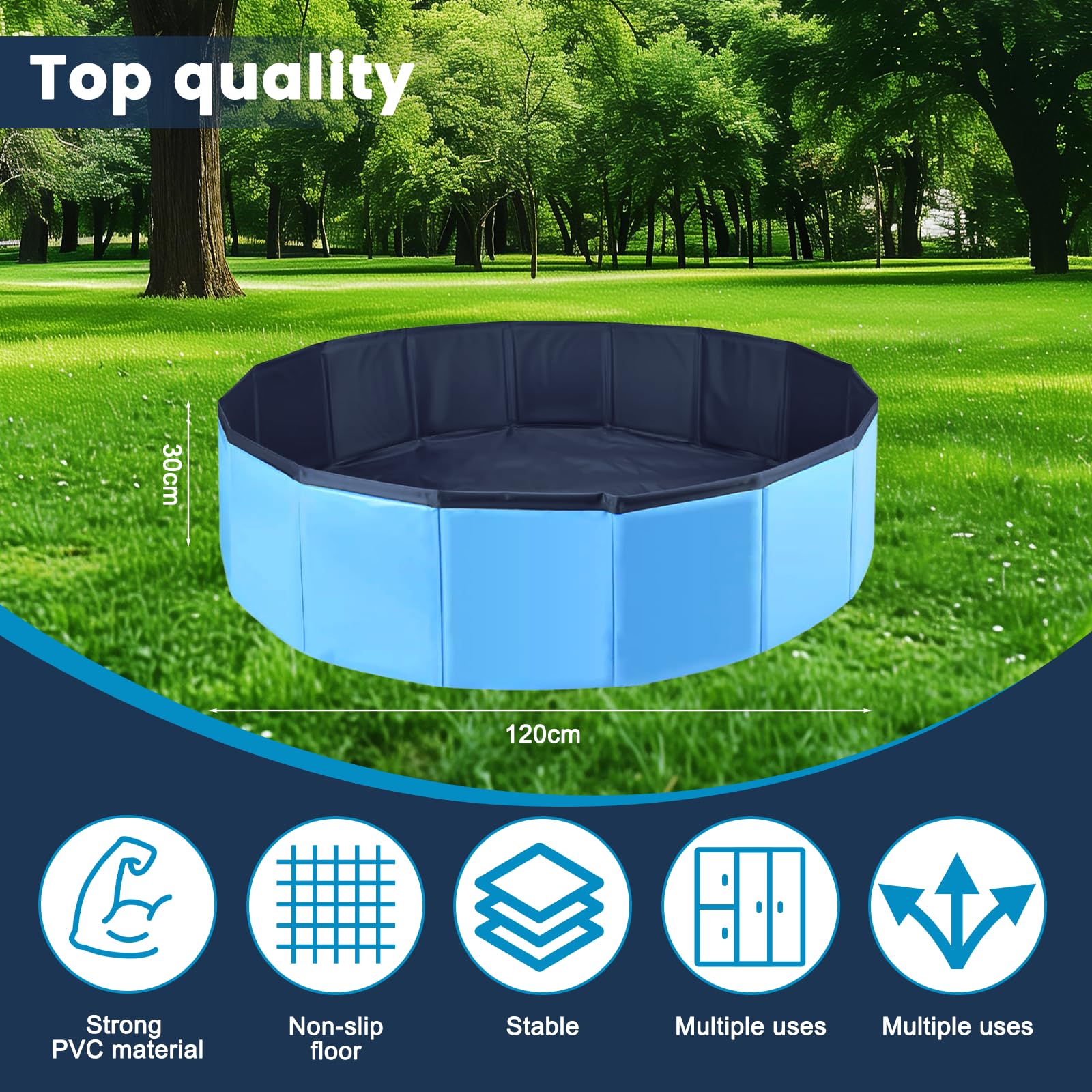 Basen dla psów, 120x30 cm Składany basen dla psów, basen PVC 0,6 mm, brodzik dla psa, basen dla zwierząt domowych, antypoślizgowy i przenośny, regulowany zawór odprowadzający wodę, do ogrodu, na