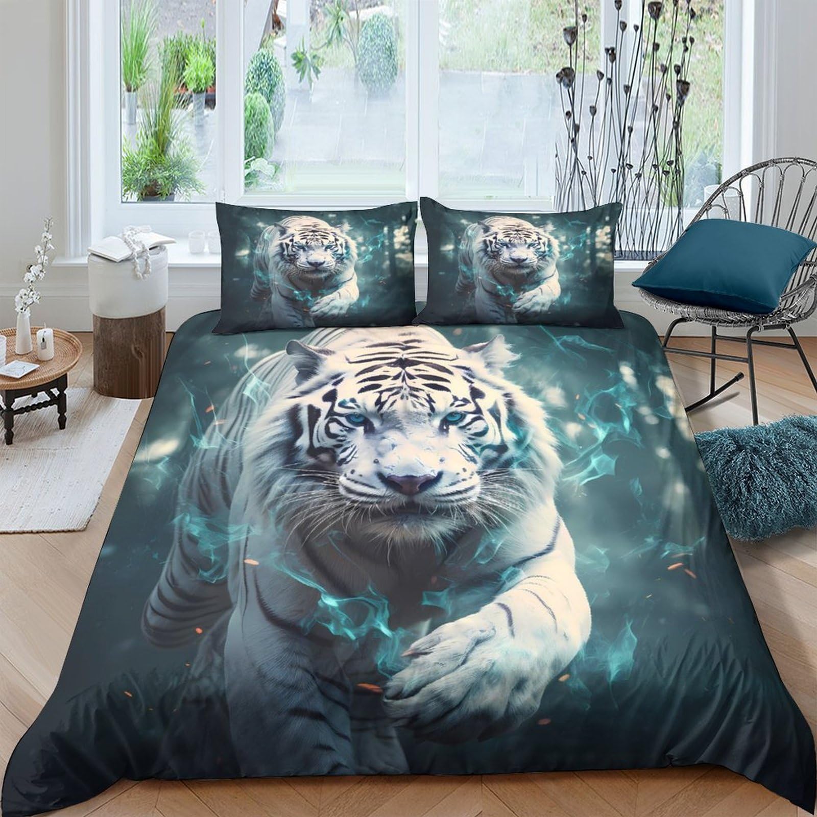 Housse de couette tigre blanc en cadeau original, parure de lit imprimée 3D microfibre
