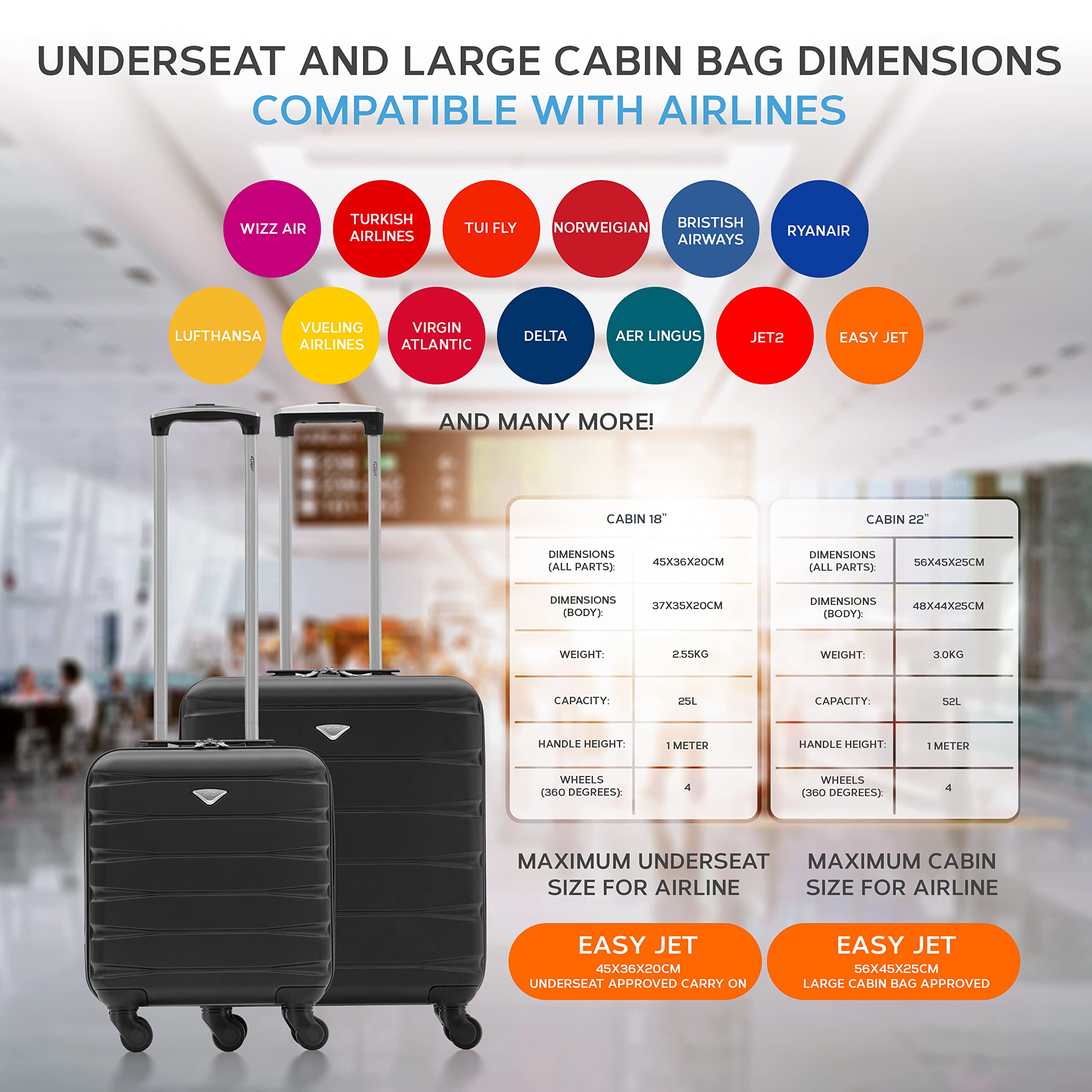 Flight Knight Suitcase Set of 2 Lightweight 4 Wheel ABS Hard Case Carry On Hand 45x36x20cm + 56x45x25cm easyJet Maximum Size for Overhead Cabin & Underseat Hard Case Lightweight Hand Luggage Set