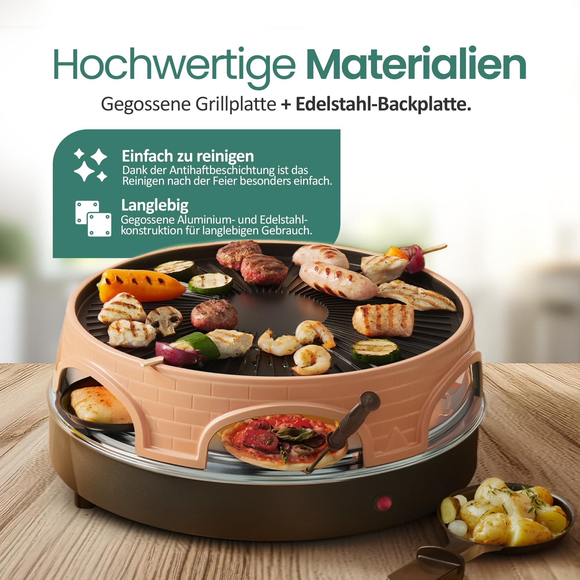Emerio Pizzaofen, PIZZARETTE das Original, 3 in 1 Pizza-Raclette-Grill, patentiertes Design, für Mini-Pizza, echter Familien-Spaß für 6 Personen, PO-113255.4