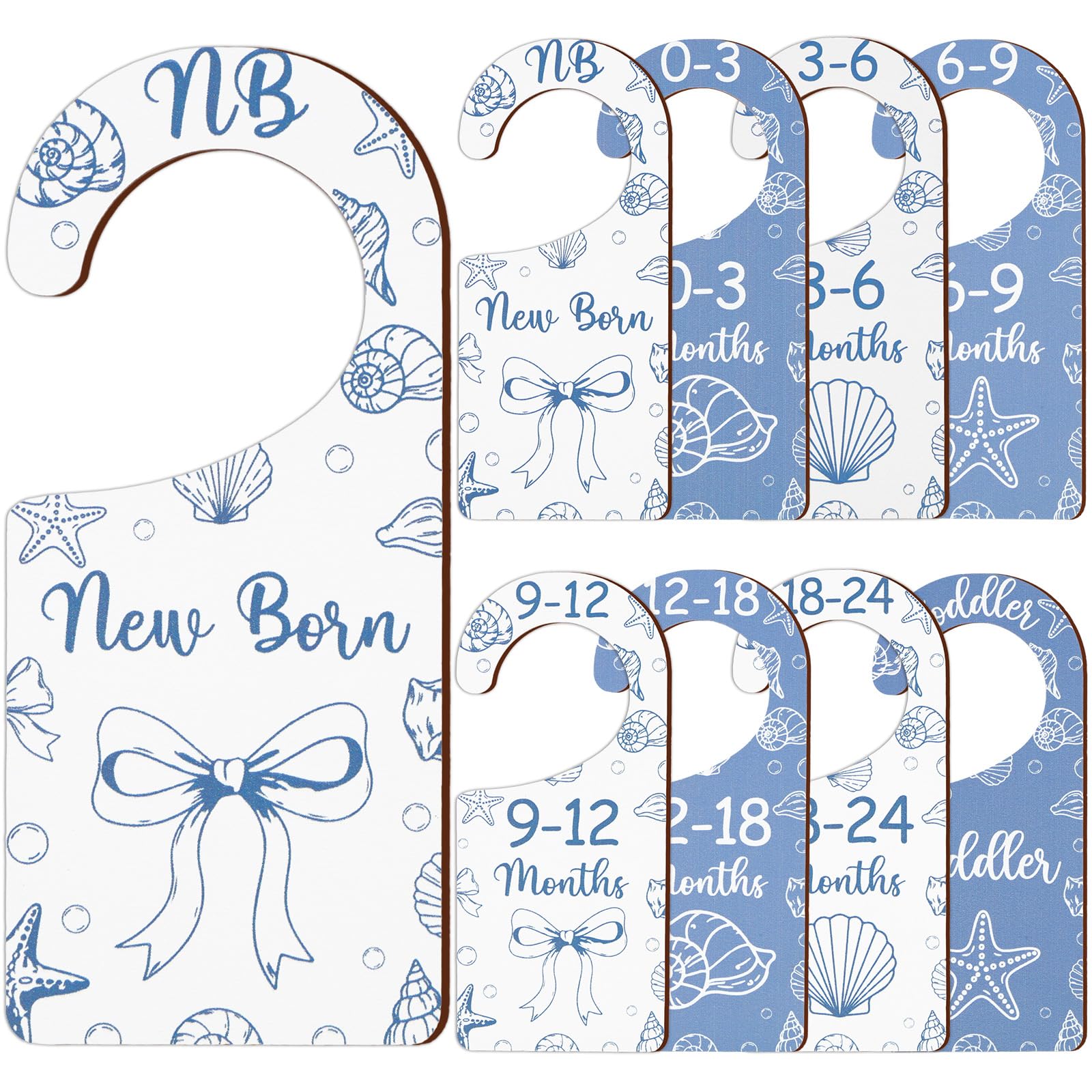 CORNER LACE Baby Closet Dividers 8PCS, Blue Shell & Bows Themed Wooden Double-Sided Clothes Size Hanger/Organizer from Newborn to Toddler for Nursery Decor Baby Shower Birthday Party Gift