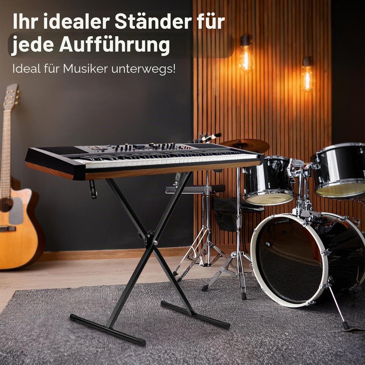 Flexzion Klassischer Keyboard-Ständer für Musiker, elektronisches Klavier, Orgel, Einzelrohr, X-Typ, 7 Positionen, zusammenklappbar, höhenverstellbar, Metallstreben, tragbar, mit Verriegelungsriemen