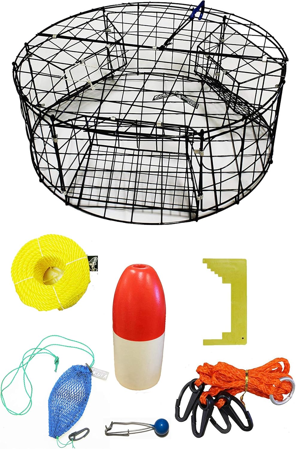 KUFA Vinyl Coated Round Crab Trap & Accessory Kit (100' Poly Rope with line Weight, Caliper,Harness,Bait Bag & 13" Red/White Float) CT110+CAP34