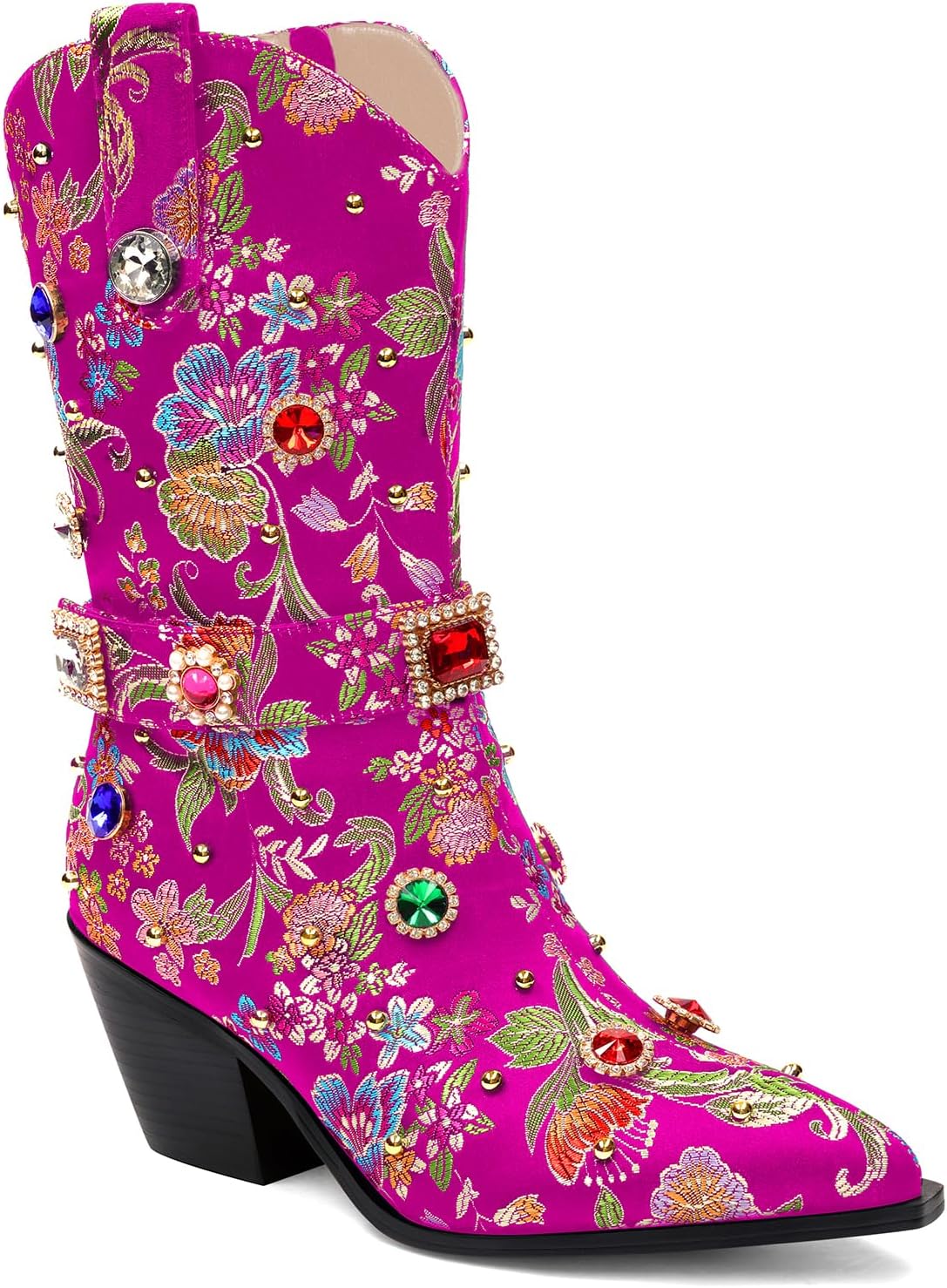LOCERICH Women Rhinestone Cowboy Sparkly Cowgirl Boots Diamond Western Floral Embroidery Mid Calf Booties