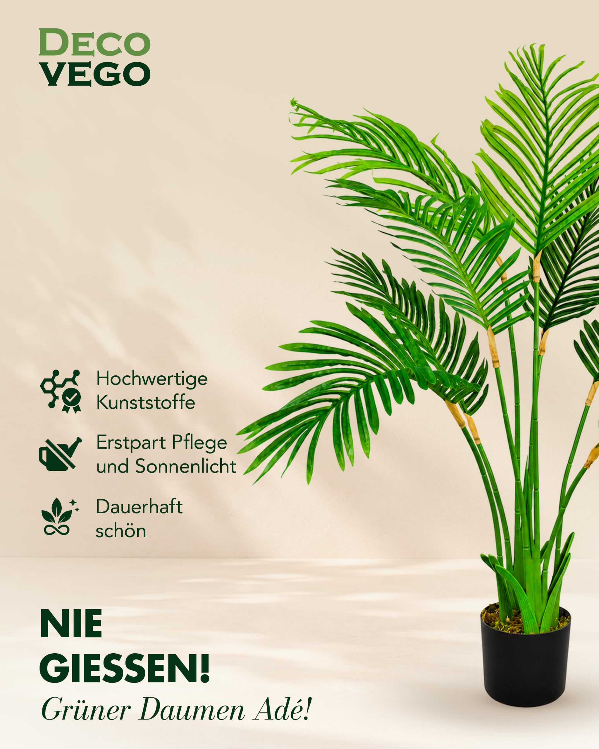 Künstliche Palme groß Kunstpalme Kunstpflanze Palme künstlich wie echt Plastikpflanze Arekapalme 100 cm hoch Balkon Dekoration Deko Decovego