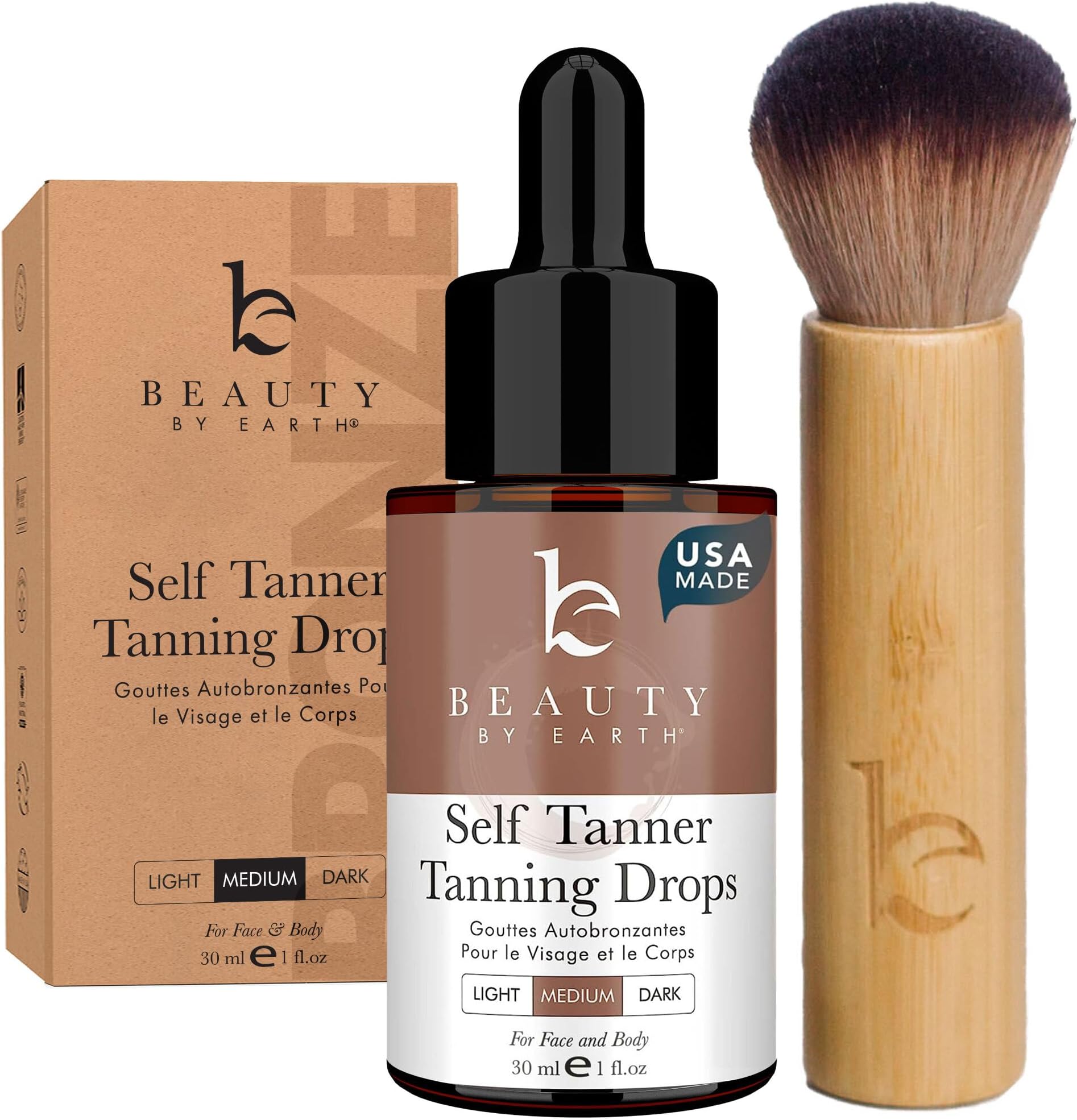 Self Tanning Drops & Kabuki Face Brush - Made with Natural and Organic Ingredients, Medium Face Tanning Drops to Add to Lotion, Moisturizing Bronzing Drops for Face & Body, Toxin Free Face Tanner