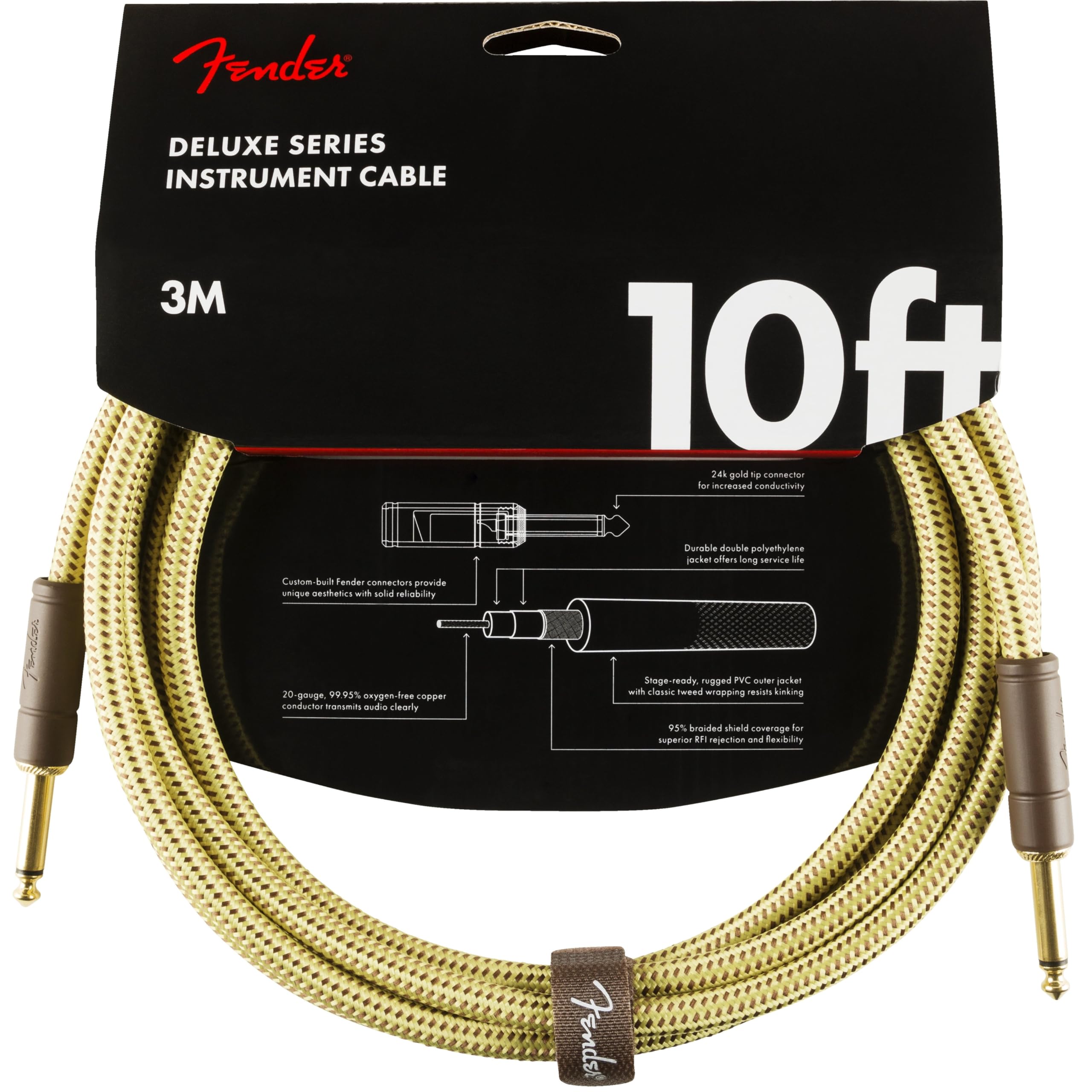 FenderDeluxe Series Instrument Guitar Cable, 10ft / 3m, Straight/Straight Jacks, Tweed