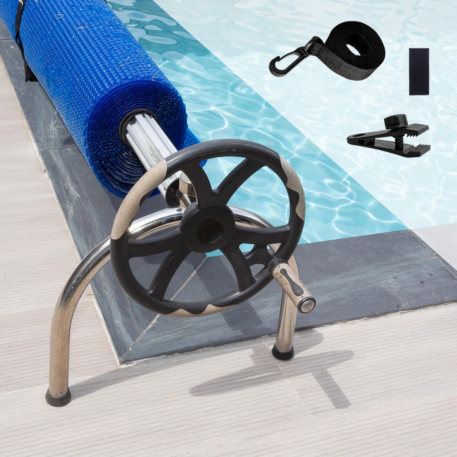 8 Piezas Enrollador Piscina Juego Bandas sujeción Accesorios Correas Cobertor Solar Carrete Carpas Piscina Cubierta con Energía Solar Prueba Viento Camping Beach Garden