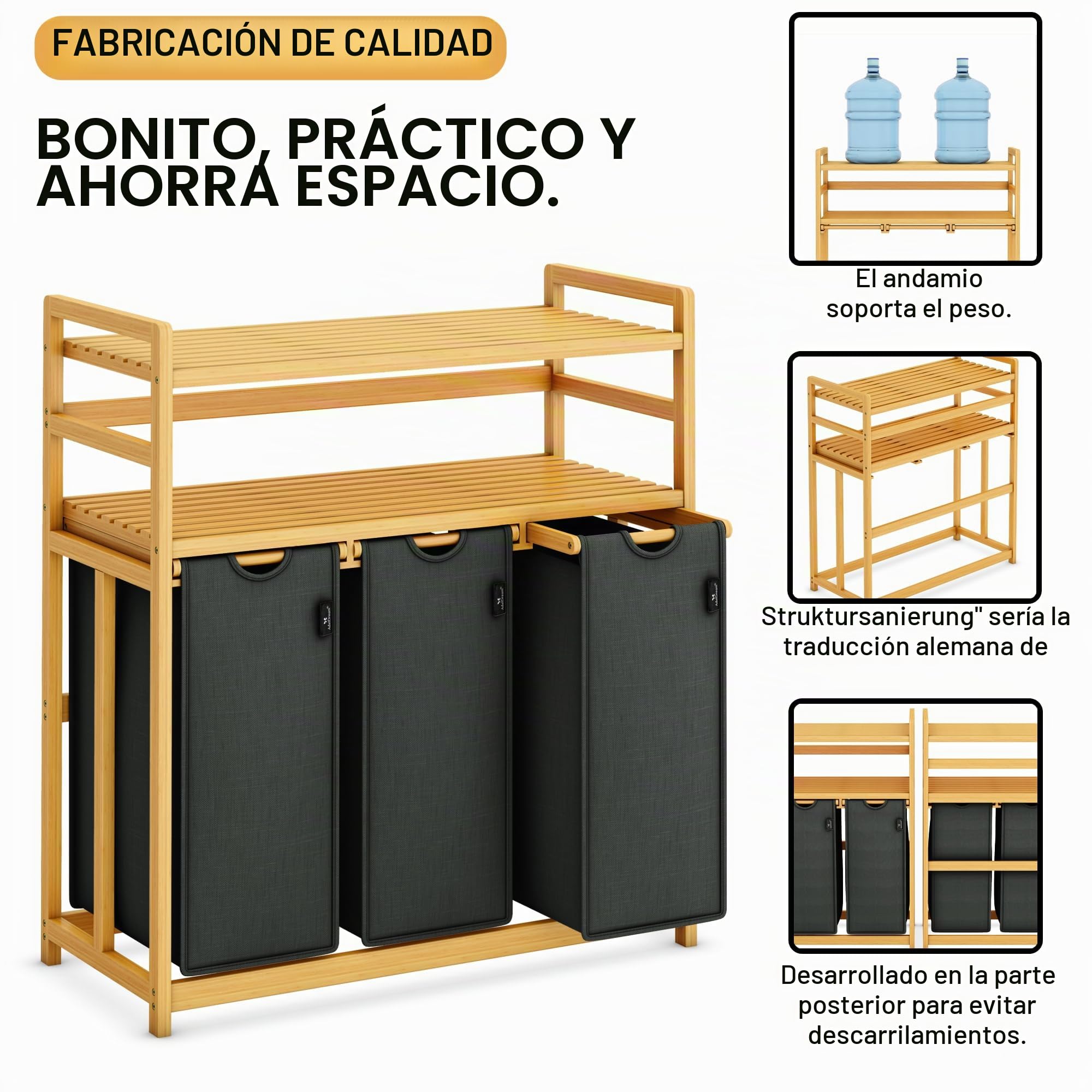 AdelDream Cesta para la Ropa 150L 3 Compartimentos 2 Estantes Bolsa para la Ropa Extensible y Desmontable Cestos para la Ropa con Estructura de Bambú Gran capacidad Gris