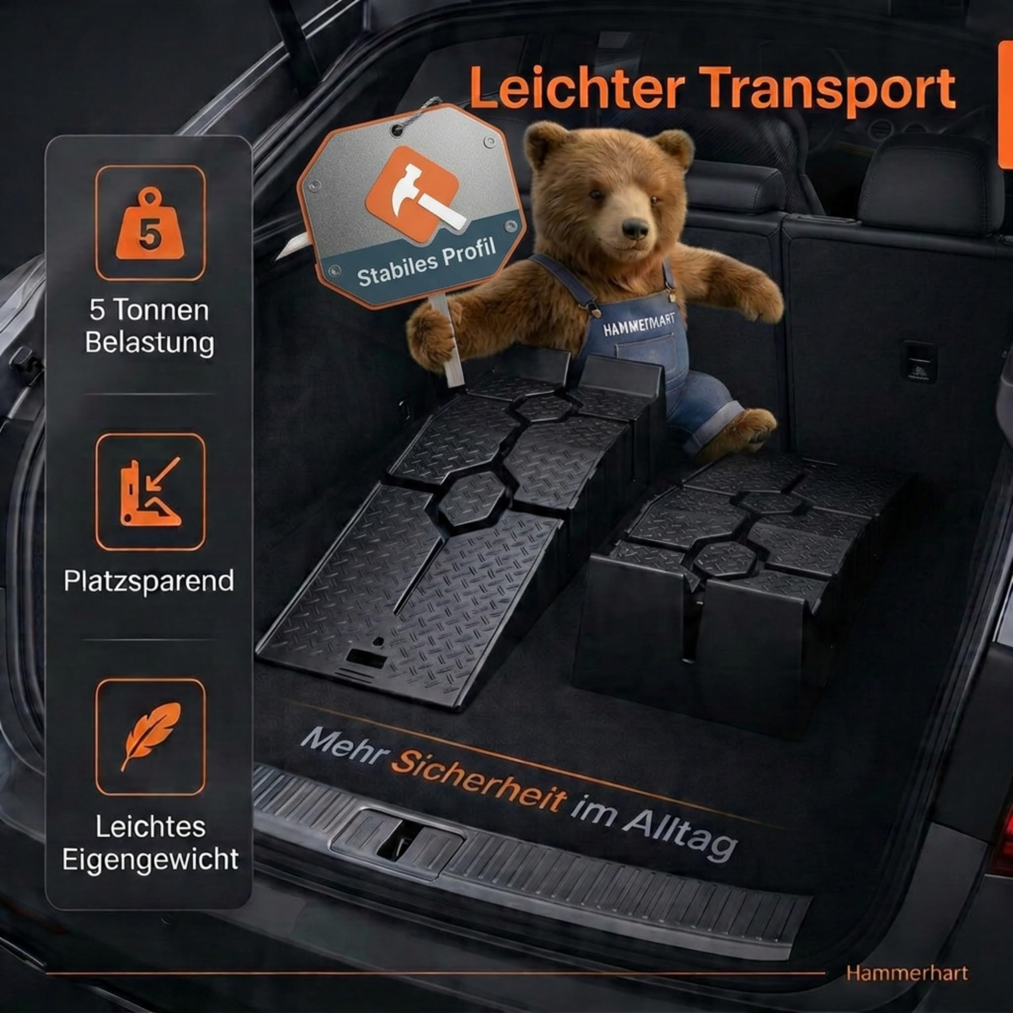 HAMMERHART - Auffahrrampe PKW [2er Set <5T ] | Hochbelastbare Auto Rampe TESTSIEGER | Auffahrkeile mit Anti Rutsch Struktur für jeden Untergrund | Auffahrrampen ideal für Wohnwagen, Anhänger & Pkw