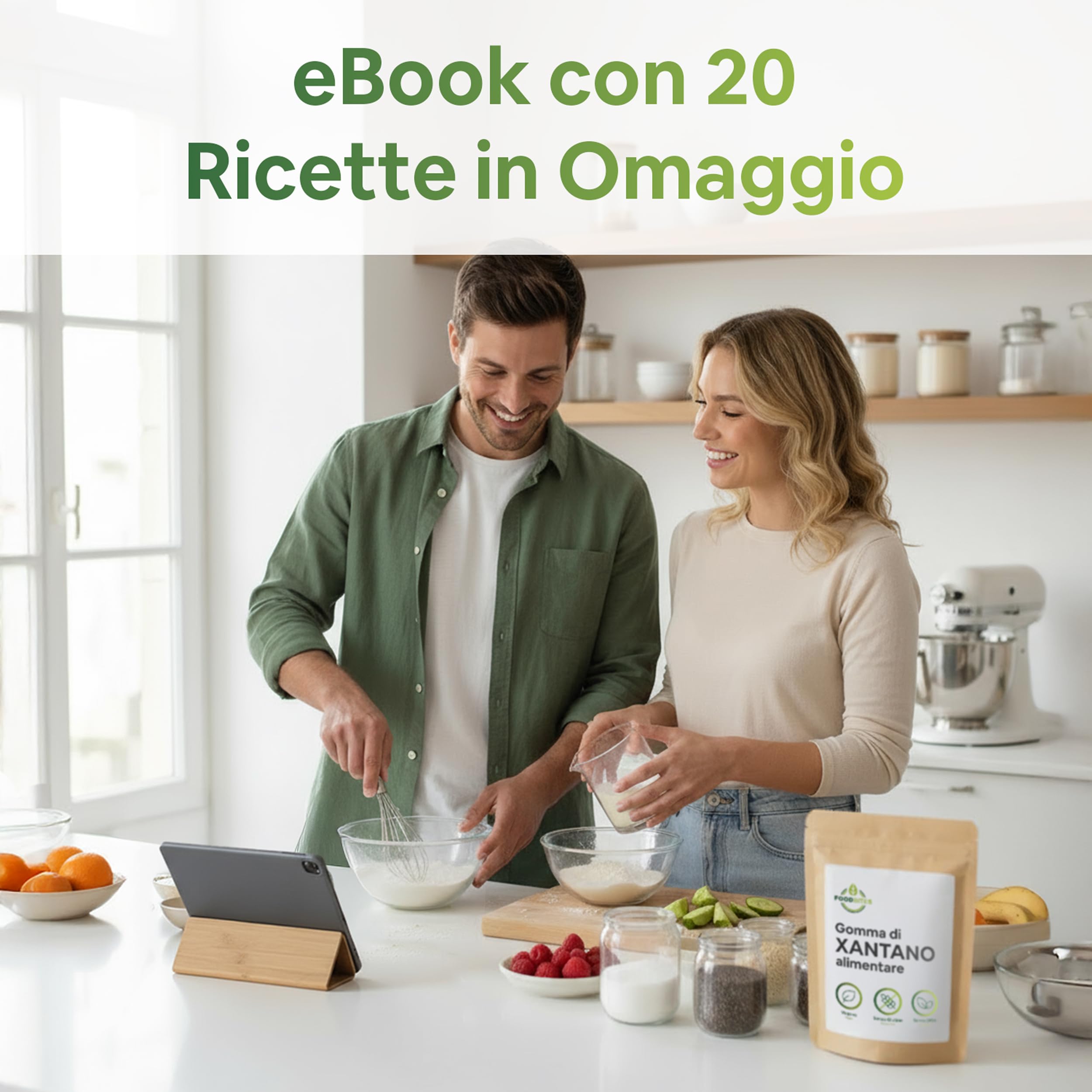 Food Bites Gomma di Xantano in Polvere 1 Kg - Addensante Alimentare Senza Glutine e Vegano - Gomma Xantana Ideale per Dolci, Gelati e Cucina Molecolare - eBook OMAGGIO con 20 Ricette