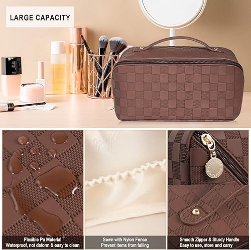 Miniatura 5 de iRealy Bolsa de cosméticos de viaje, organizador de maquillaje, bolsa de maquillaje de piel sintética de gran capacidad, se abre plana para un fácil