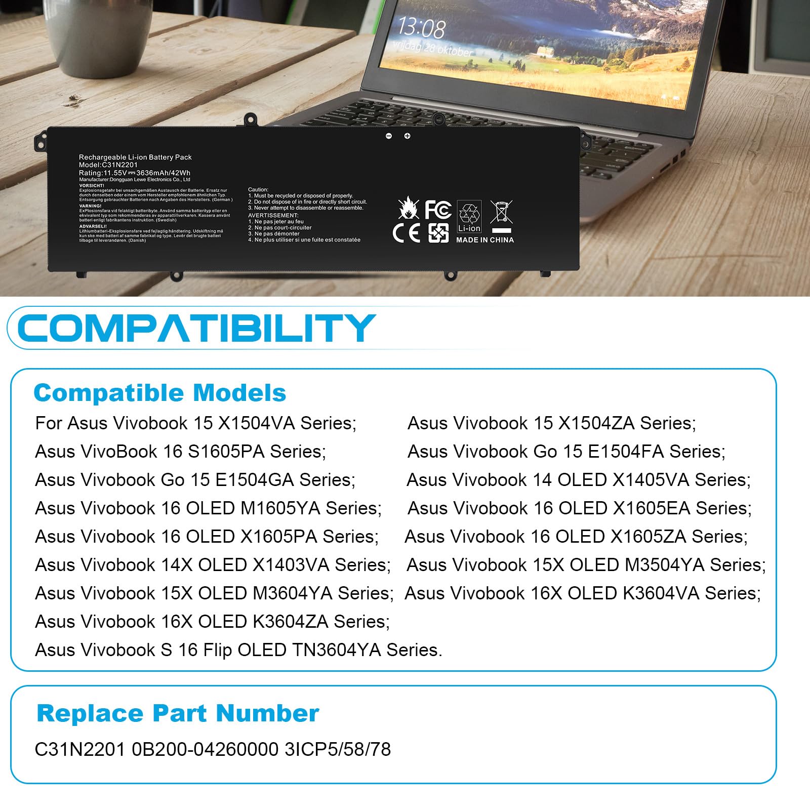 ASUNCELL 11.55V/42Wh C31N2201 Batterie d'ordinateur Portable pour ASUS Vivobook 15 X1504VA X1504ZA, VivoBook 16 S1605PA, Vivobook Go 15 E1504FA E1504GA Series, Vivobook 14 OLED X1405VA Series