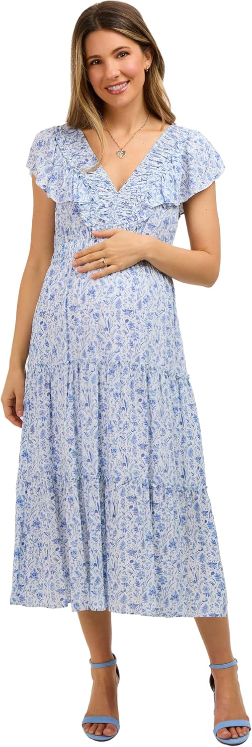PinkBlush Floral Front Ruched Ruffle Shoulder Tiered Maternity Midi Dress