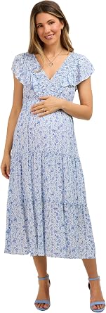 PinkBlush Floral Front Ruched Ruffle Shoulder Tiered Maternity Midi Dress