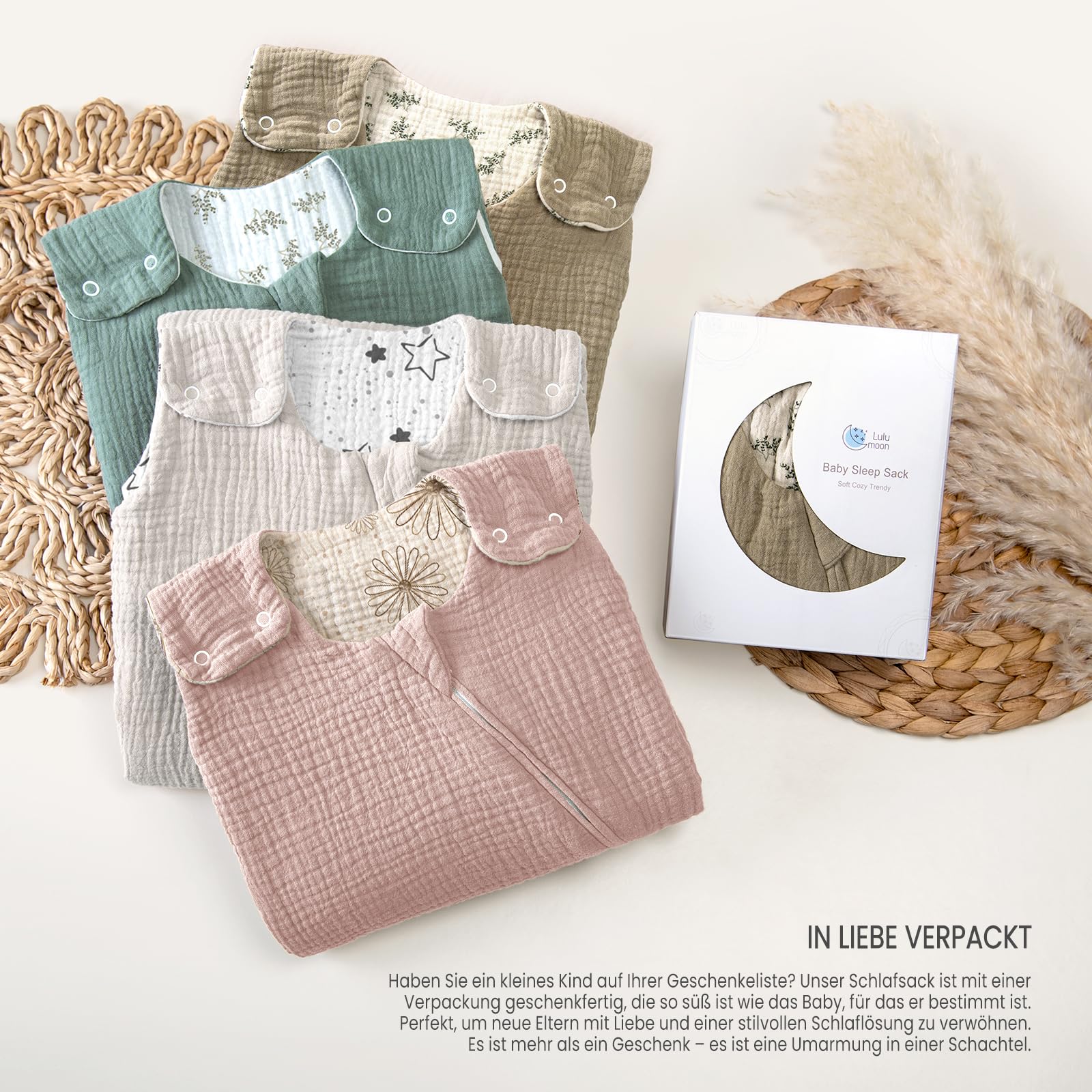 lulumoon Sacco nanna per bambini da 3 a 9 mesi: sacco a pelo in mussola per bambini e bambine – Sacco nanna in cotone per 70 cm per tutte le stagioni