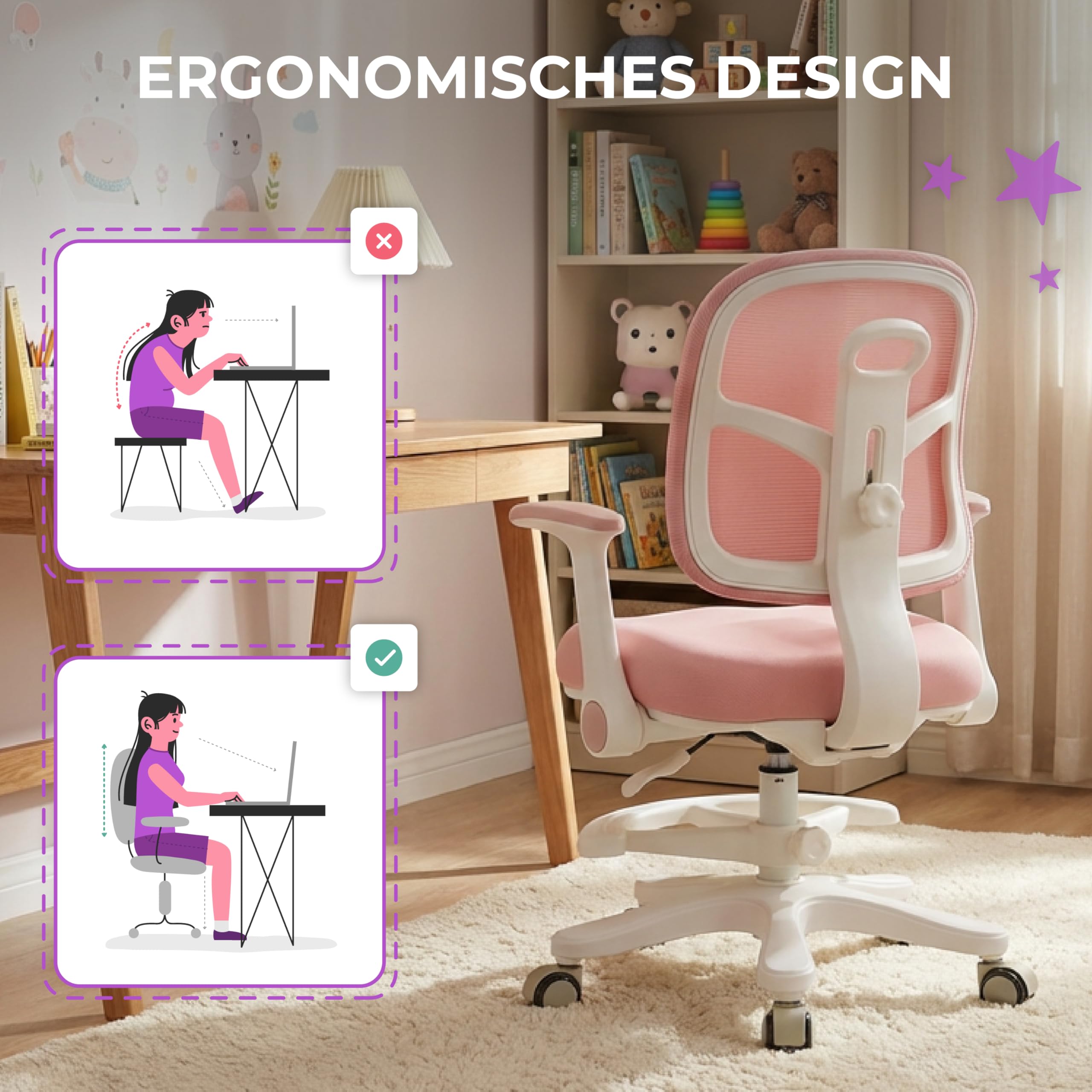 Spacetronik Schreibtischstuhl Kinder - Ergonomischer Kinderschreibtischstuhl mit 6 Rollen, Verstellbaren Armlehnen, Fußstütze, Höhenverstellbarem Sitz - 4-15 Jahre