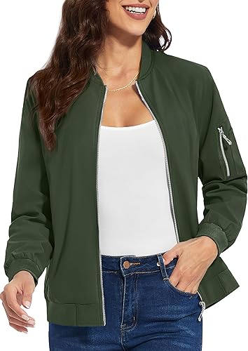 Miniatura 2 de TACVASEN Chaqueta bomber para mujer, ligera, casual, con cremallera completa, rompevientos, chaqueta de otoño