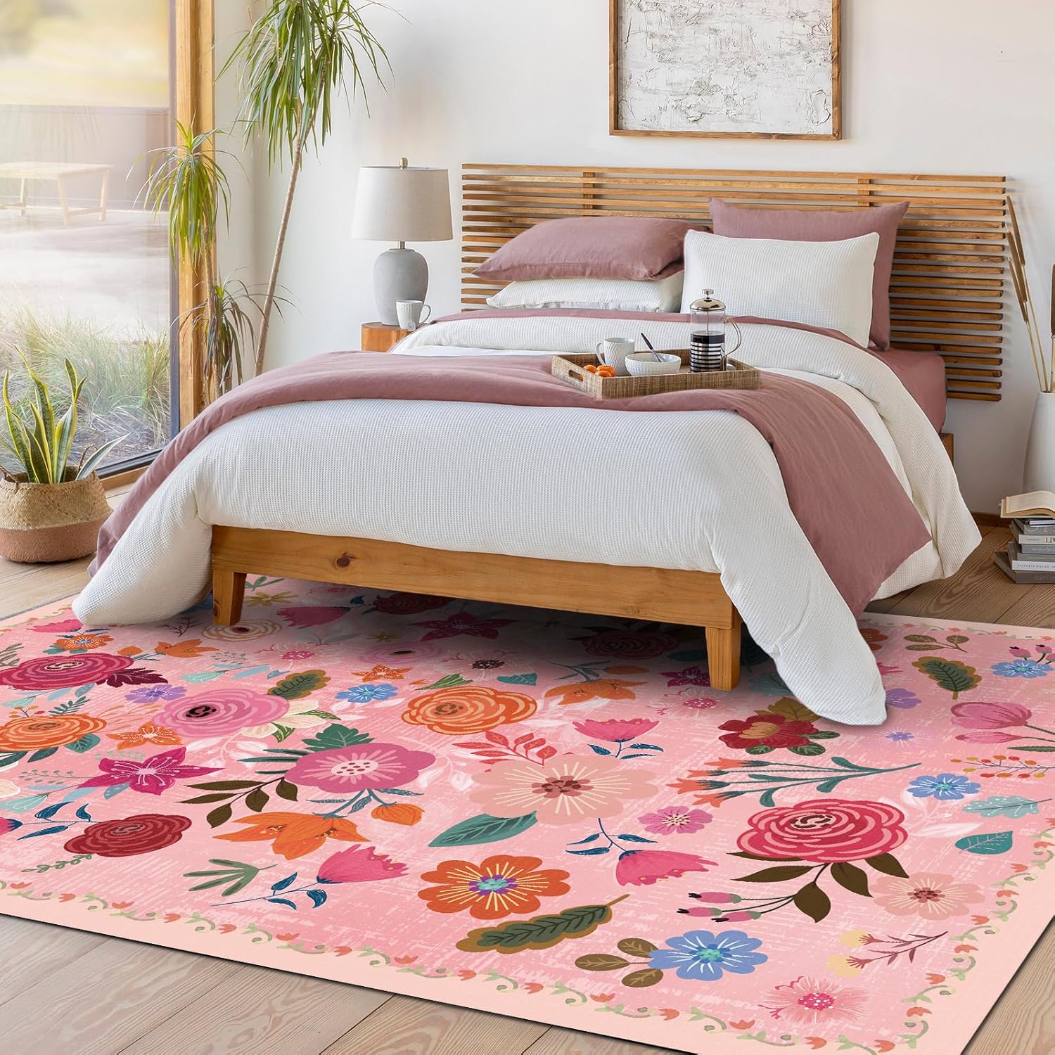 Washable Hot Pink Area Rug 5'×7' Hot Pink Boho Large Living Room Rug Floral Non-Slip Soft Oriental Vintage Color Bedroom Carpet Dining Room Nursery Home Office Indoor Decor