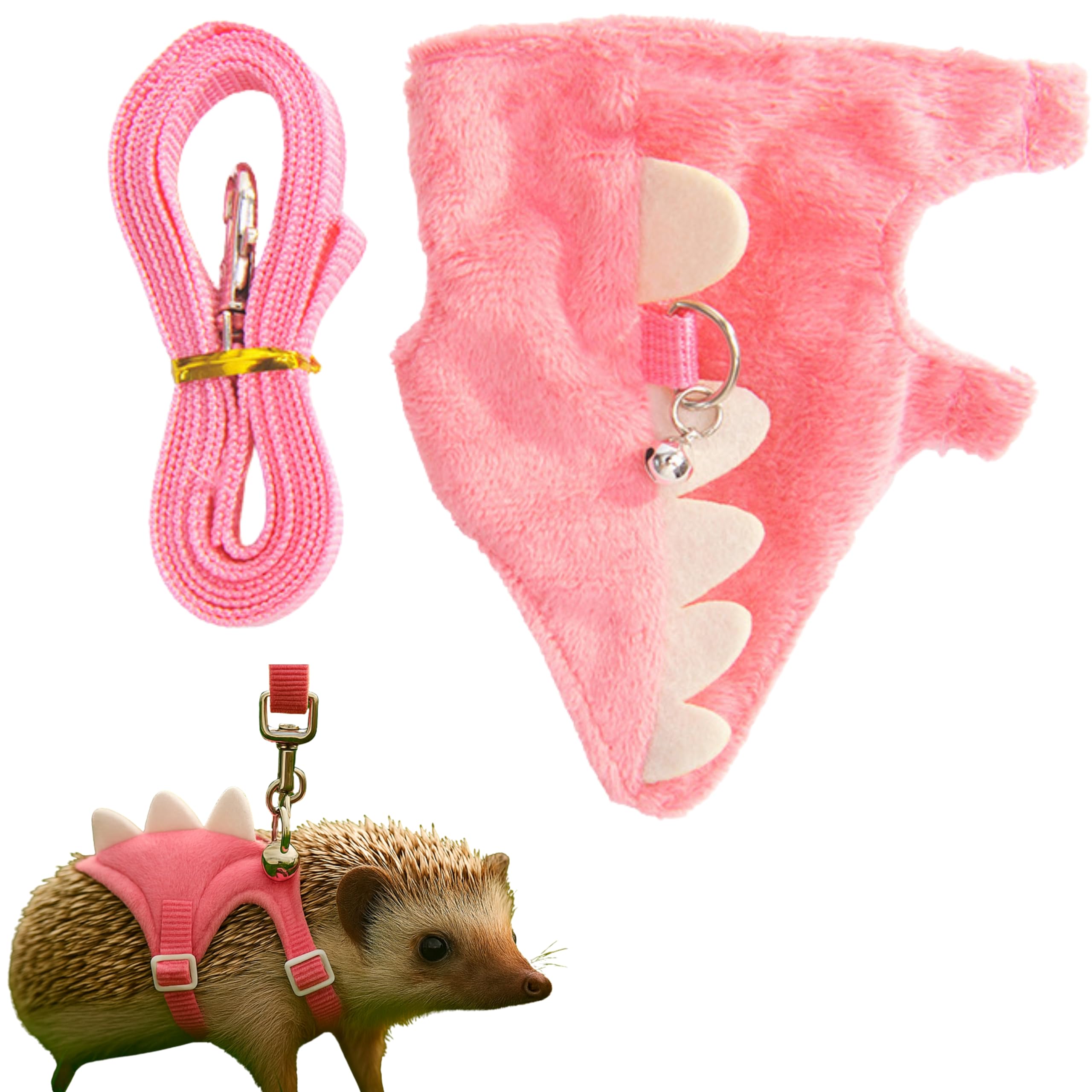 Hedgehog Leash and Harness Clothes Accessories, Adjustable Leash and Harness with Safe Bell, Dinosaur Shaped Outfit, Hamster Clothes For Ferret Hamster, Hedgehog Accessories, Guinea Pig Outfits (Pink)