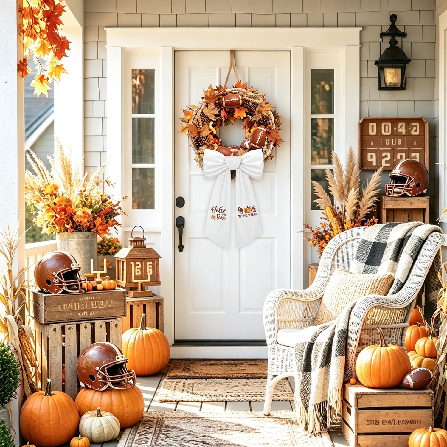 2 Pcs Fall Wreath Sash for Front Door Pumpkin Football Ribbon Sash Embroidered Fall Wreath Bow for Autumn Thanksgiving Yard Indoor Outdoor Porch Decor