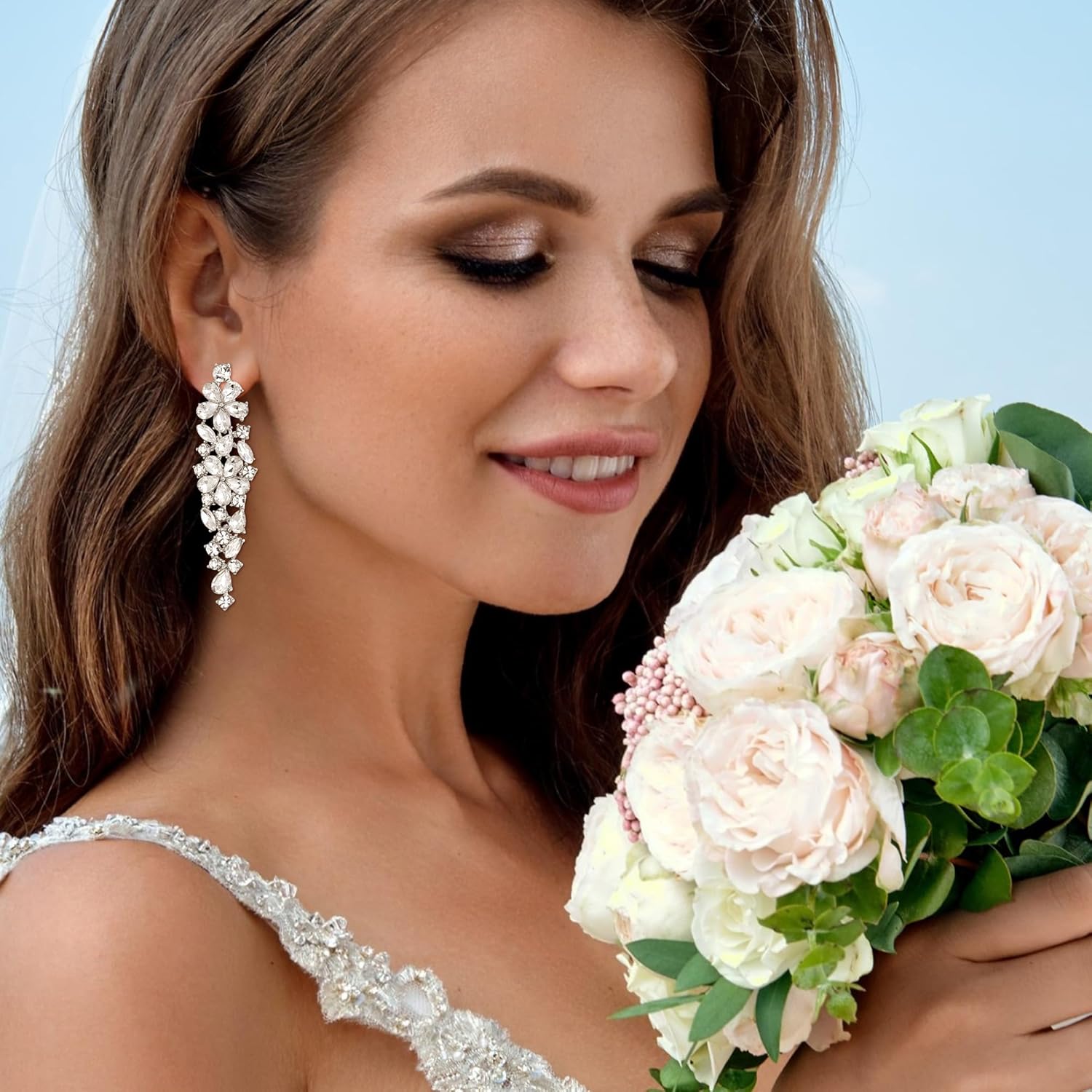 EleQueen Sparkle Marquise Rhinestone Crystal Statement Dangle Earrings for Women, Art Deco Prom Chandelier Jewelry for Wedding Bridal - Image 2