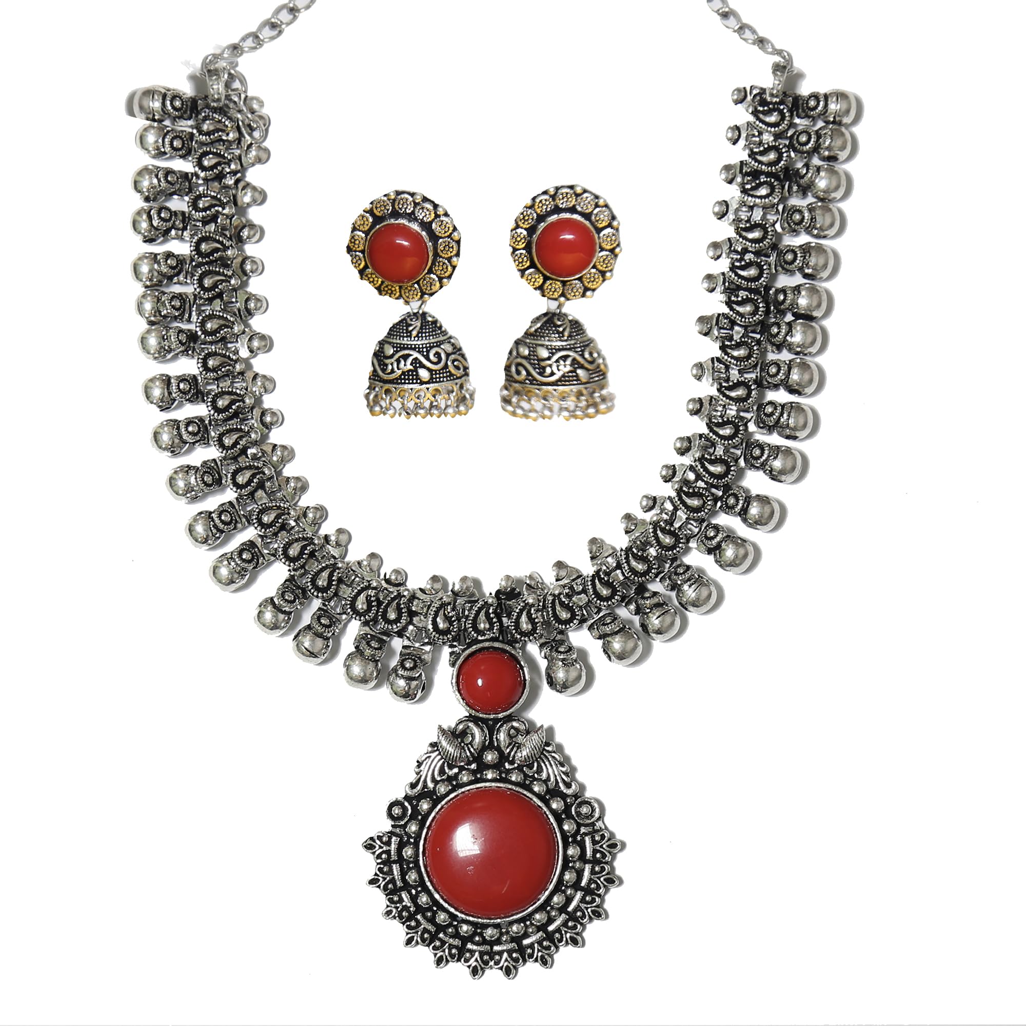 Oxidised German Silver Kolhapuri Stone Choker Necklace Set With Jhumka for Women and Girls (Red) (B0DG9726XV) Amazon Price History, Amazon Price Tracker