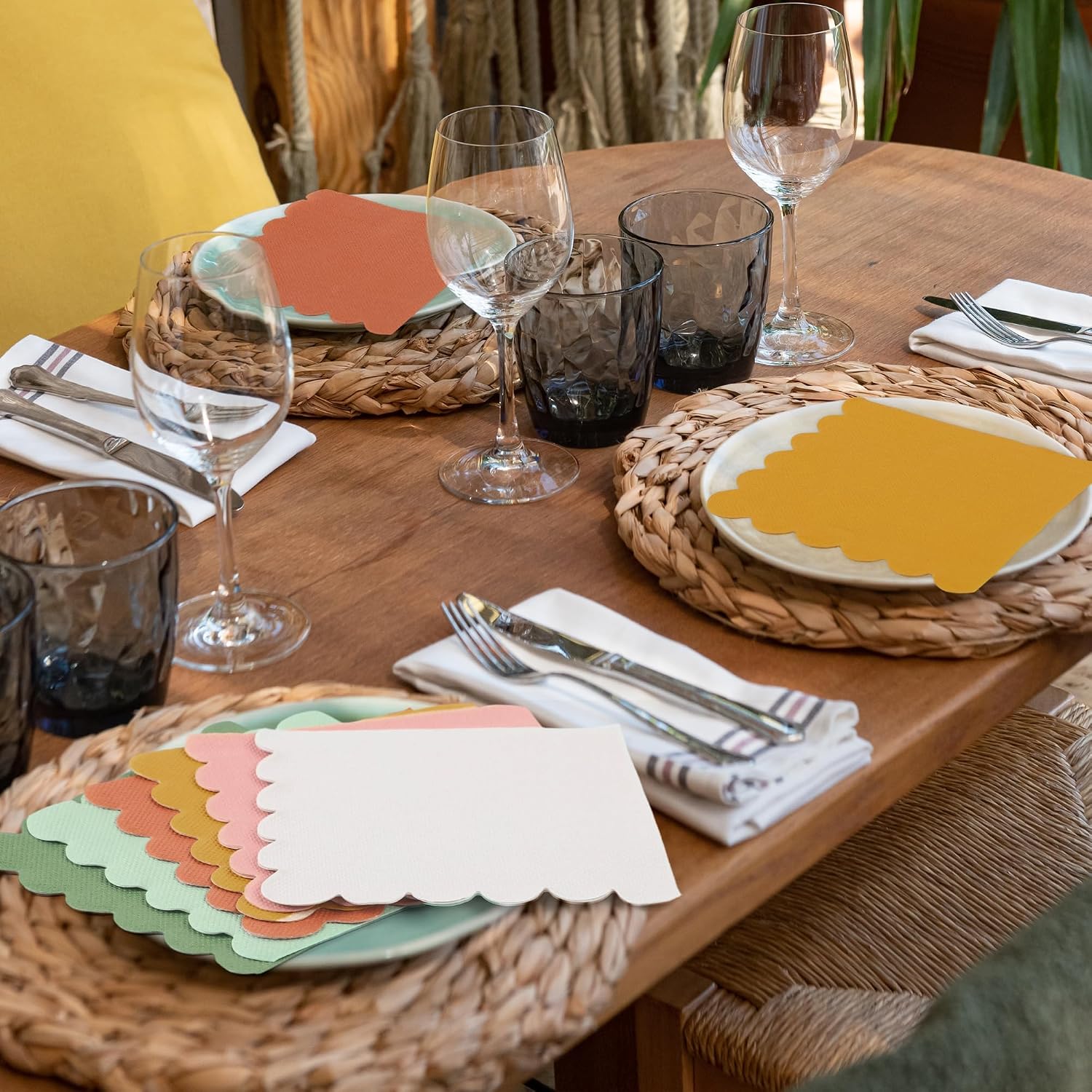 Kochorie 150 Pack Scalloped Napkins Disposable 2 Ply Mix Color Napkins Beverage Cocktail Napkins for Party Wedding Bridal Shower Dinner, Bohemian Color image 5