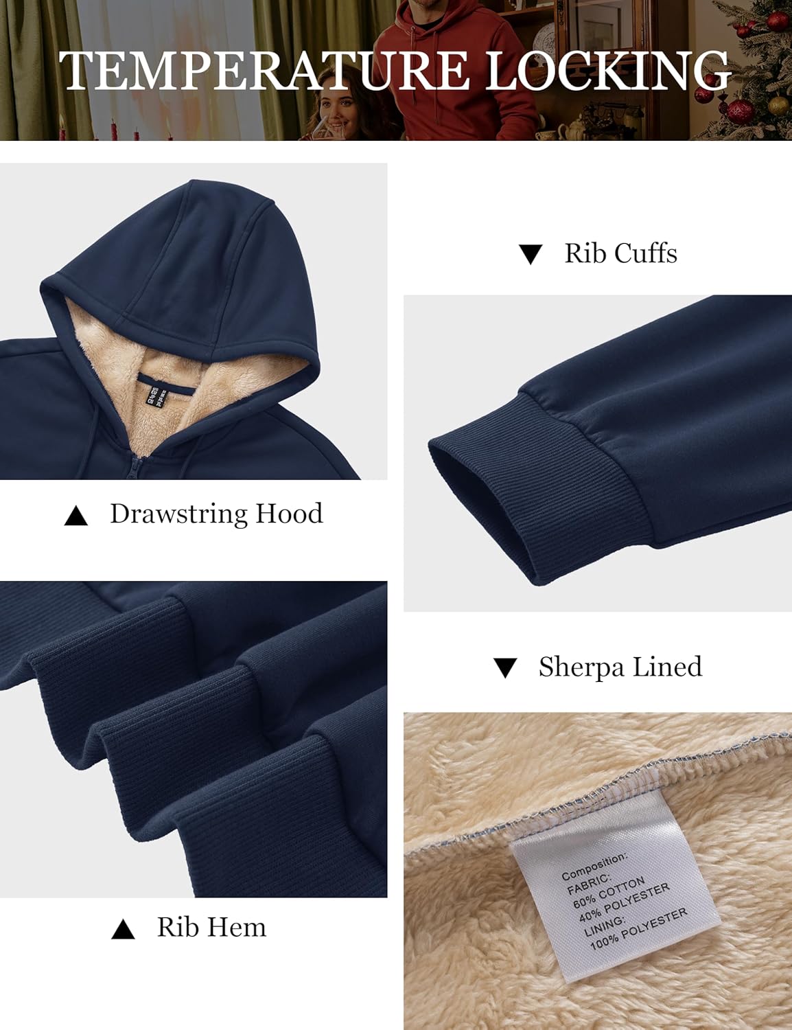 MAGCOMSEN Men's Zip Up Hoodie Sherpa Lined Hooded Sweatshirt Winter Heavyweight Hoodies Warm Thick Fleece Jacket - Image 5