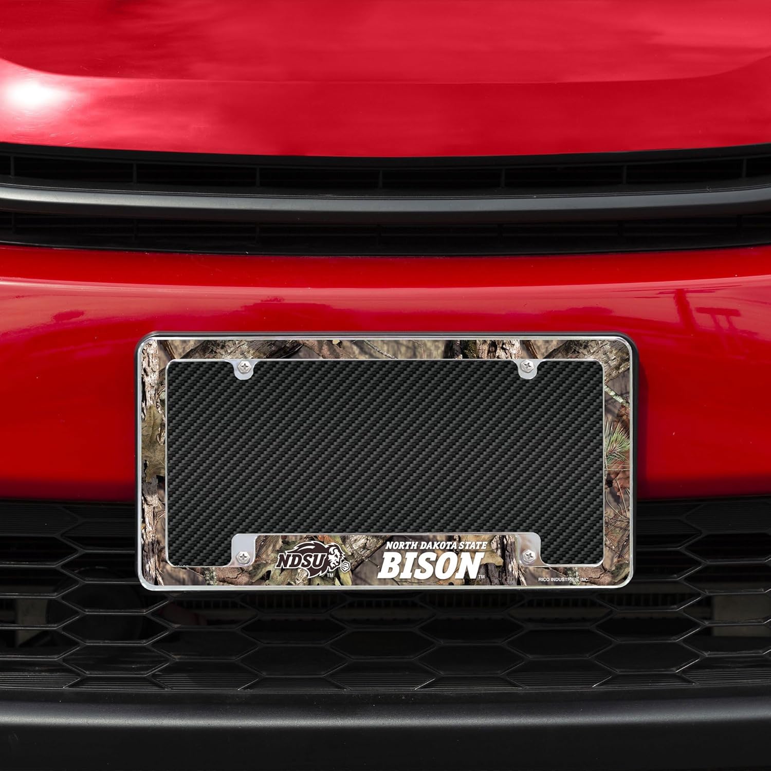 North Dakota State NDSU Bison Chrome Metal (Set of 2) License Plate Frames with Bold Mossy Oak Camouflaged Camo Design