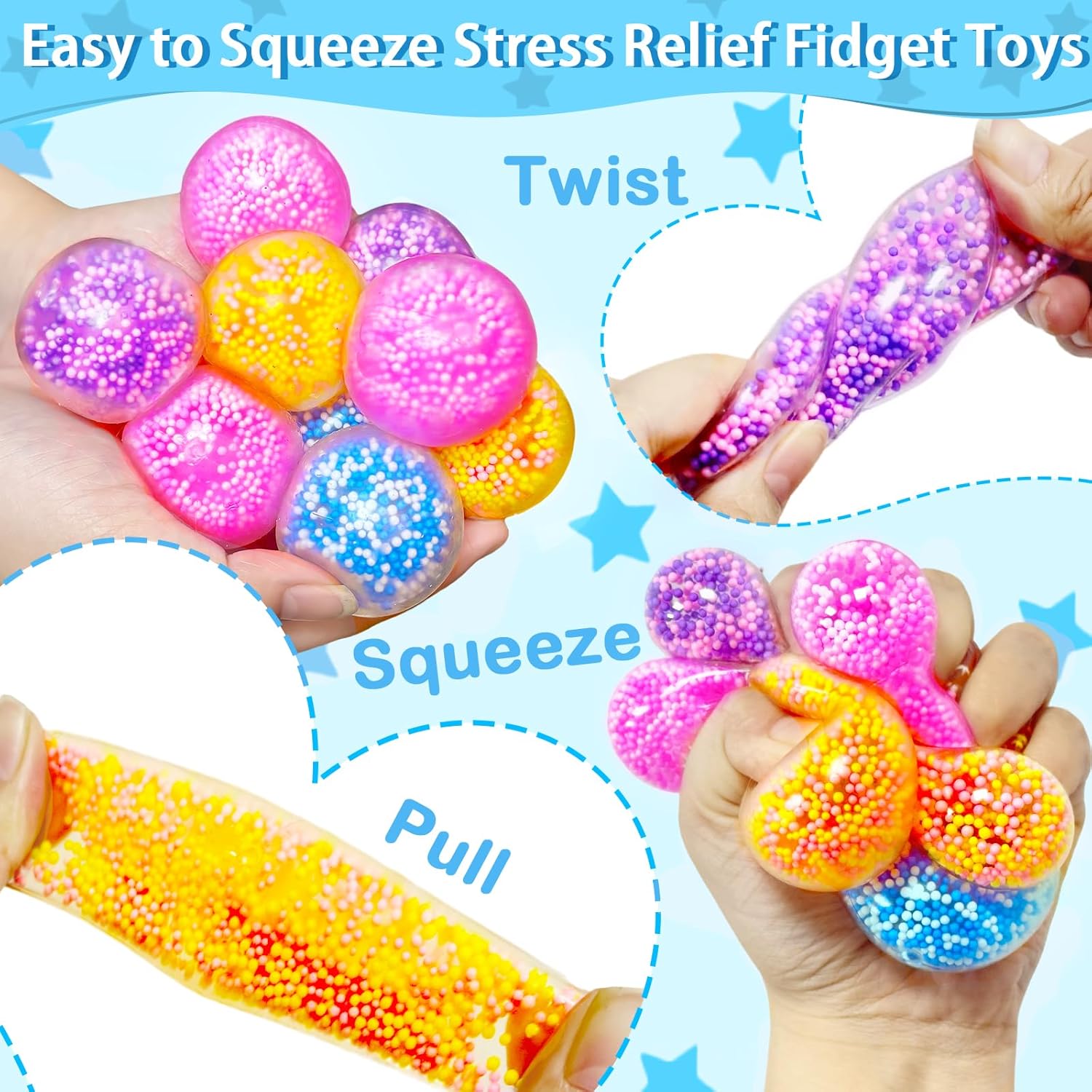 24 Pack Easter Egg Fillers with Relief Stress Balls Squishy Fidget Toys for Kids Teens Boys Girls Toddler Easter Basket Stuffers Hunt Birthday Party Favors Gifts School Classroom Prizes Supplies