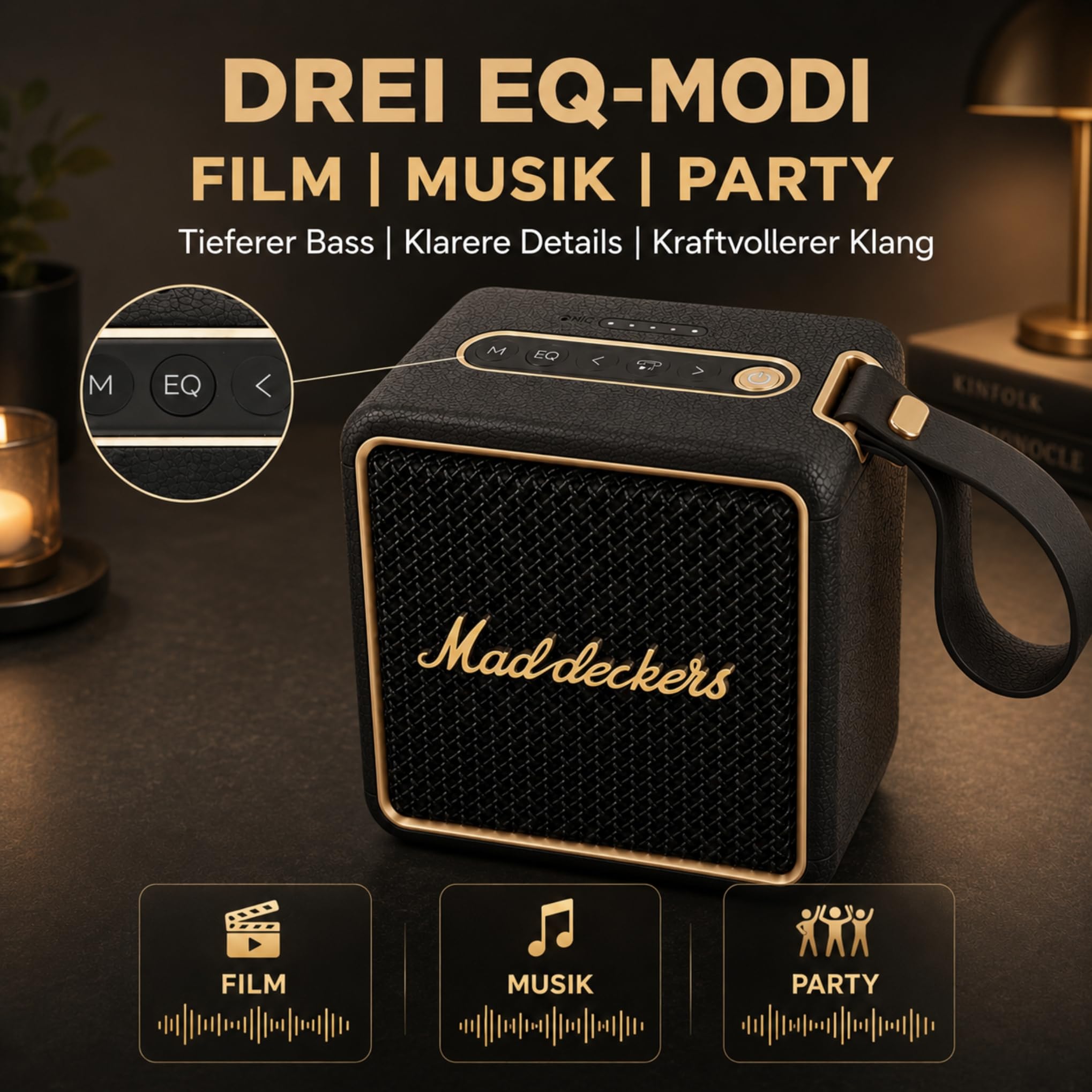 MG II Bluetooth Lautsprecher, 24W RMS Dauerleistung, Bluetooth 6.0, DSP Klang, IP67 Wasserdicht & Staubdicht, 17H+ Akku, RGB Licht, TWS Stereo, 3 EQ-Modi, Type-C Laden, AUX/TF/USB, Schwarz & Messing