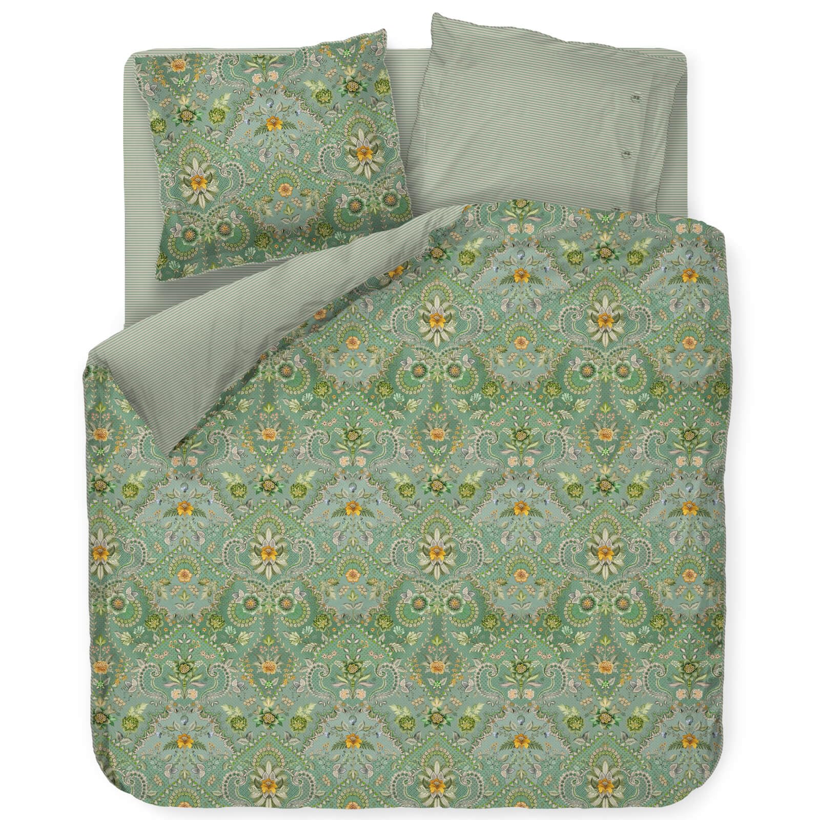 Pip Studio Bettwäsche Saluti Piccoli Green Perkal Blüten Ornamente Blumen Wendeoptik Geblümt Gestreift Floral
