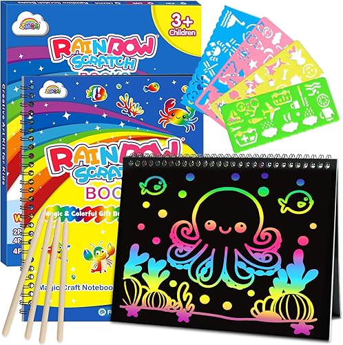 Miniatura 9 de ZMLM Papel para Rascar Arte-Manualidades Regalo: Paquete de 2 Cuadernos Arcoíris Suministros Juguetes Rellenos para Cesta de Pascua para Niñas