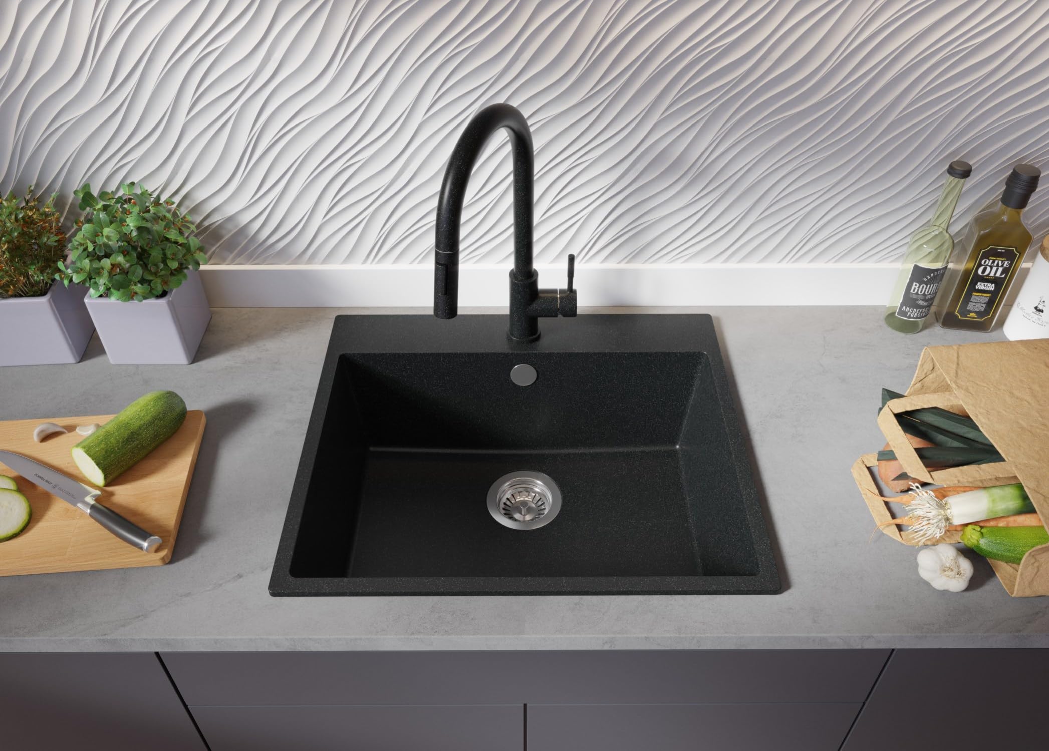 PRIMAGRAN Fregadero Cocina Grafito - Riga, 58x50cm | Granito 1 Seno + Sifón, sobre Encimera al Mueble 60cm (S307)